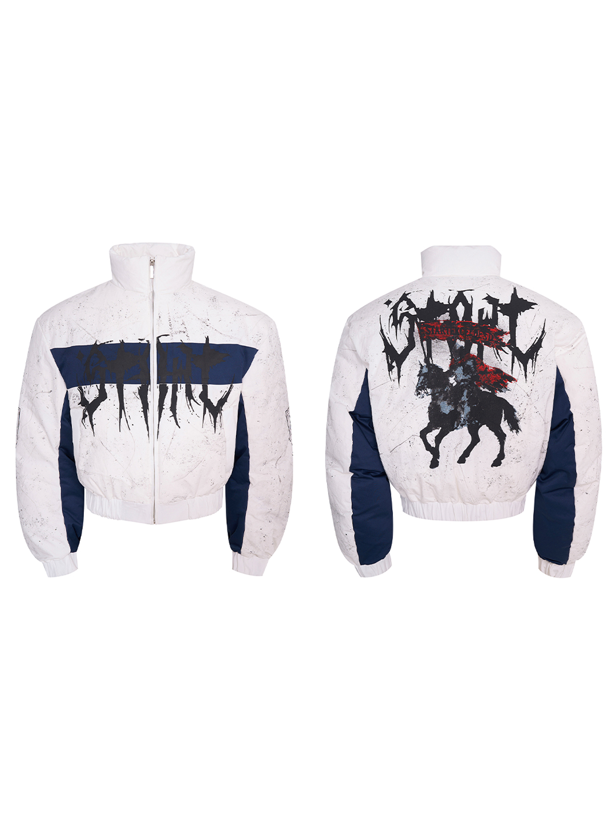 WHITE & NAVY GRAFFITI SPLATTER BOMBER WITH KNIGHT PRINT