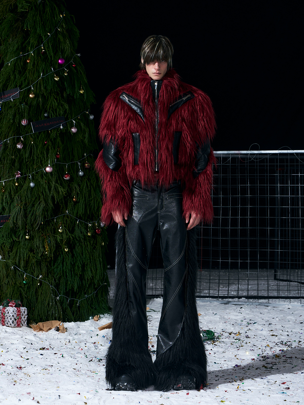 FAUX FUR SIDE-PANEL MICRO-FLARE LEATHER PANTS