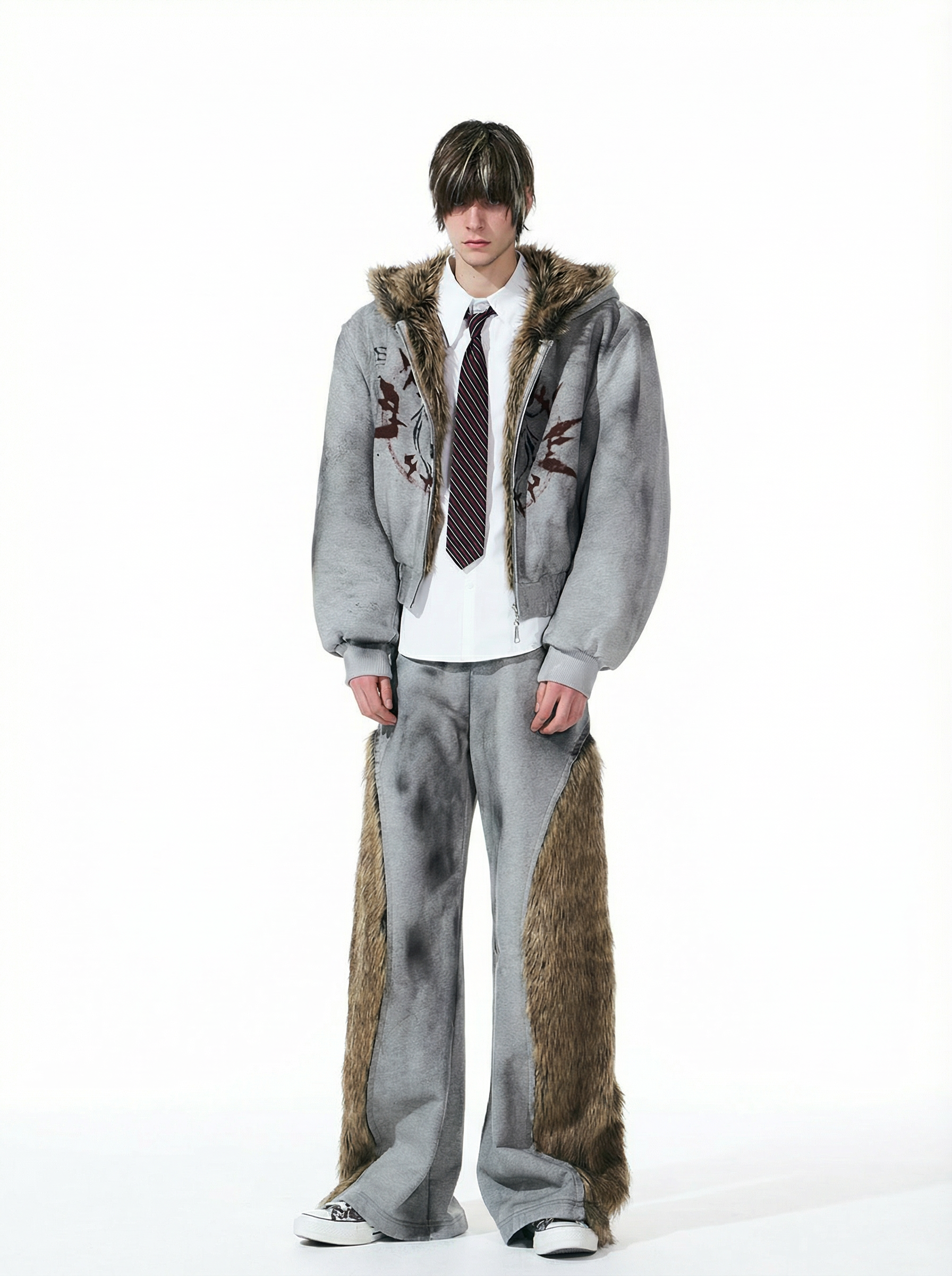 VINTAGE GREY REVERSIBLE FUR HOODIE & FUR PANEL PANTS SET