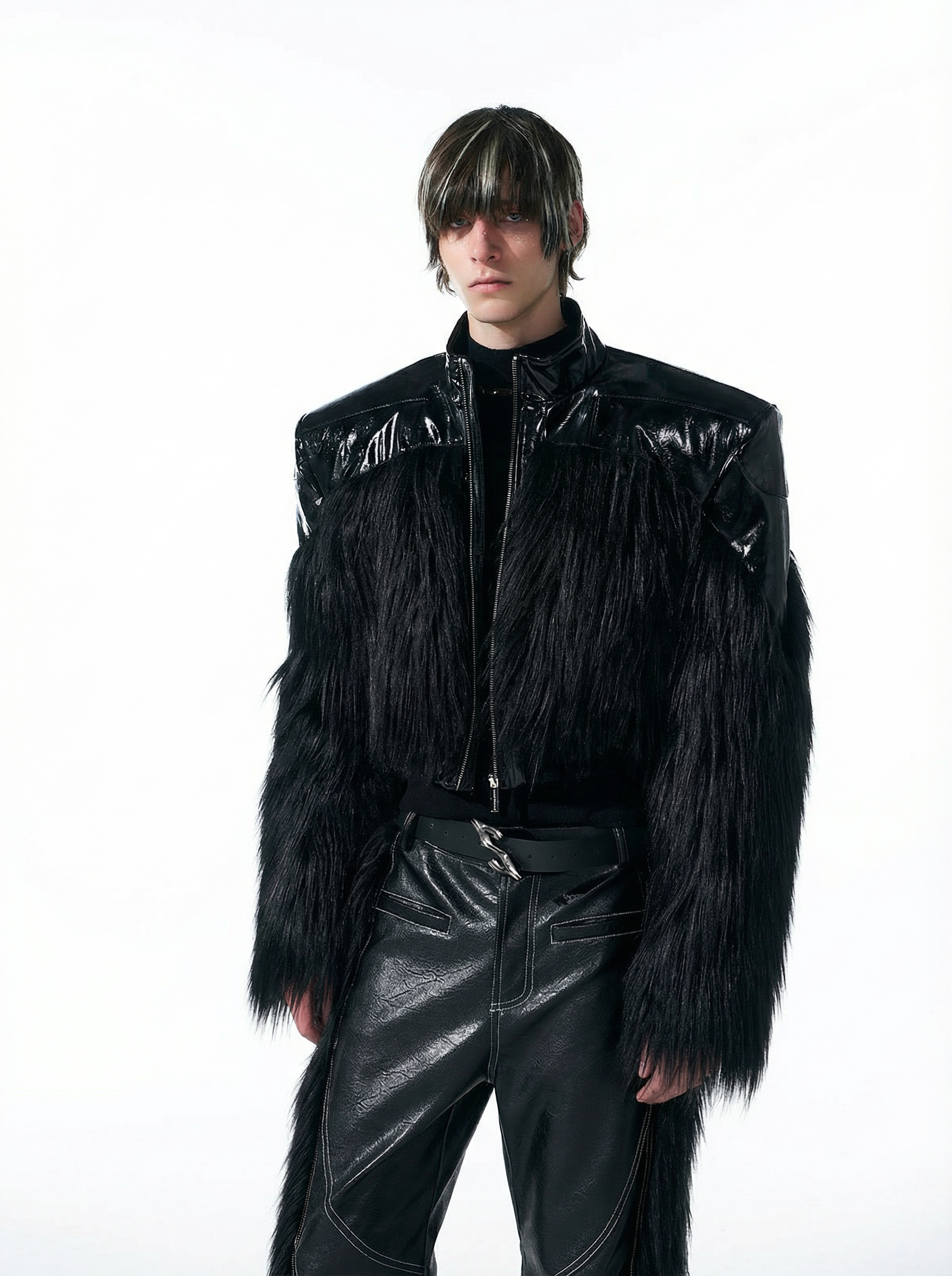 SHAGGY FAUX FUR PANEL CROPPED LEATHER JACKET-BLACK