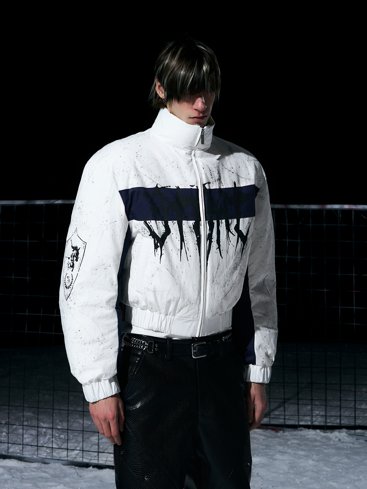 WHITE & NAVY GRAFFITI SPLATTER BOMBER WITH KNIGHT PRINT