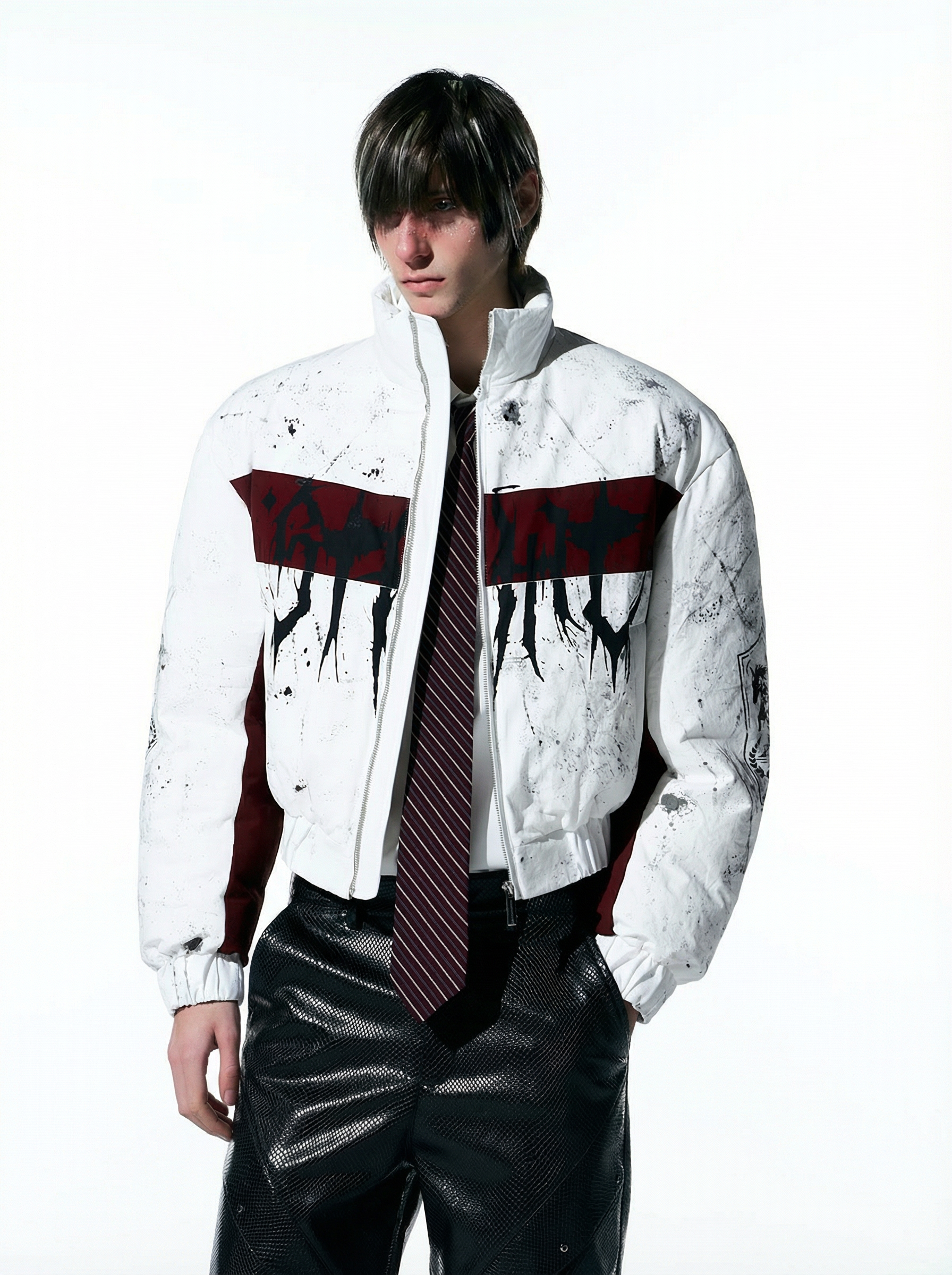 WHITE & BURGUNDY GRAFFITI SPLATTER BOMBER WITH KNIGHT PRINT