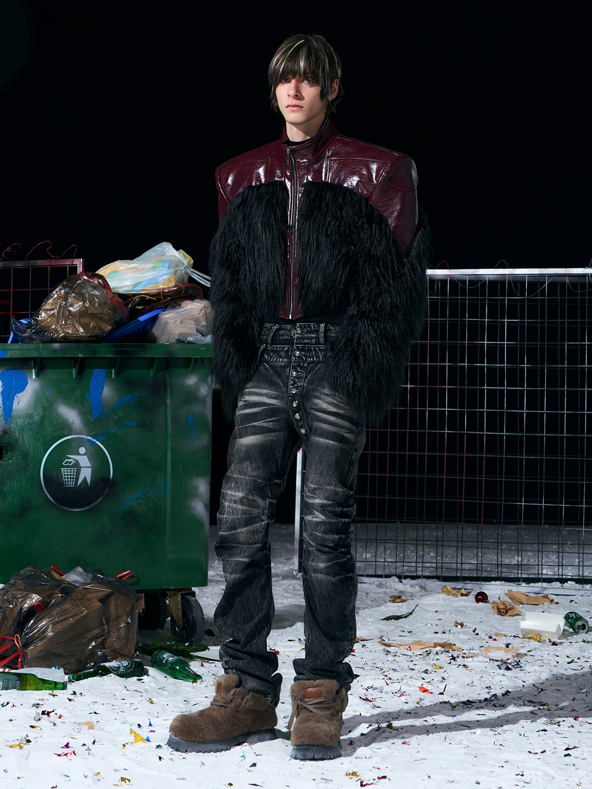 SHAGGY FAUX FUR PANEL CROPPED LEATHER JACKET-BURGUNDY