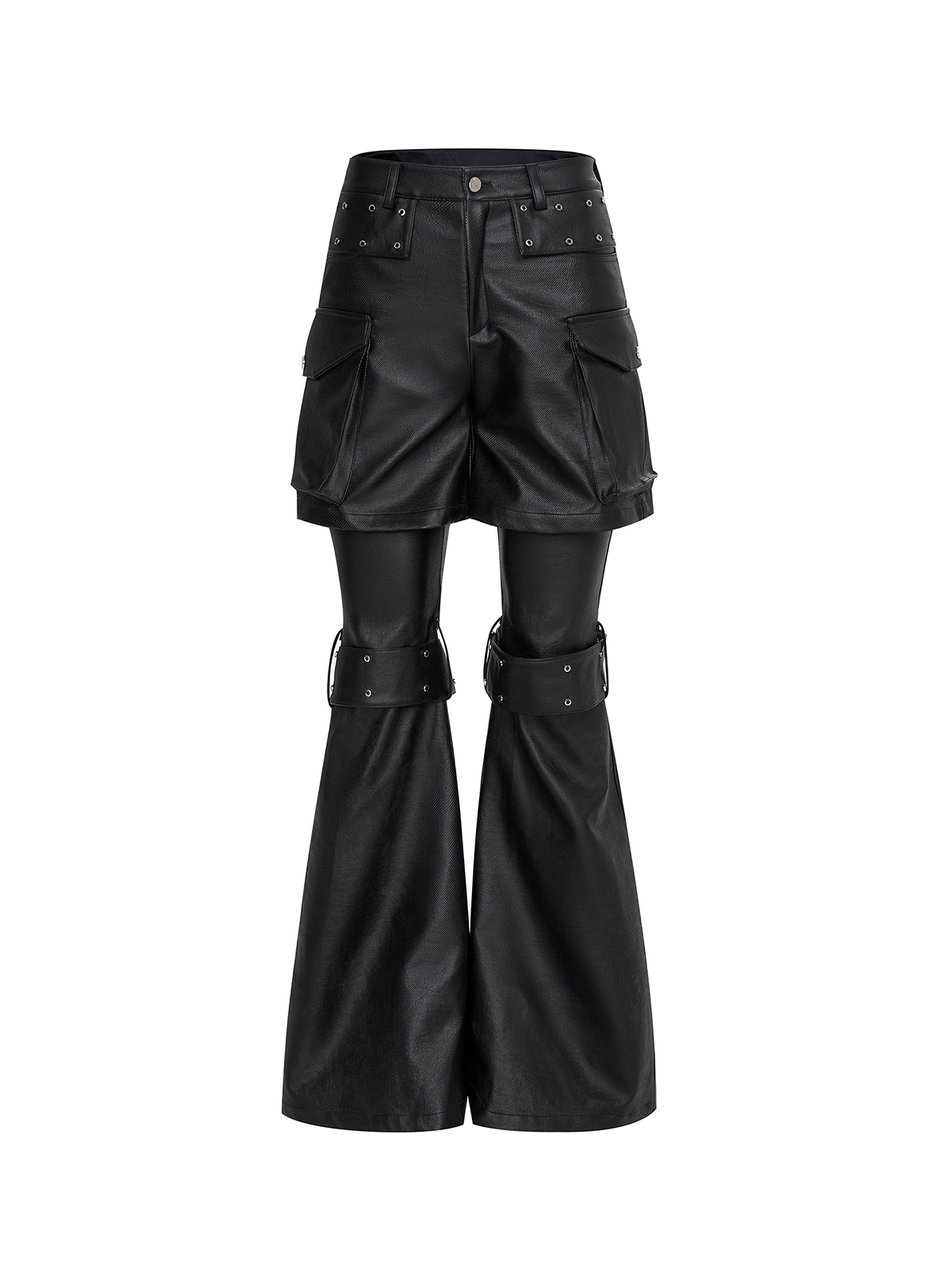 DECONSTRUCTED 2-IN-1 RIVET CARGO LEATHER PANTS-BLACK