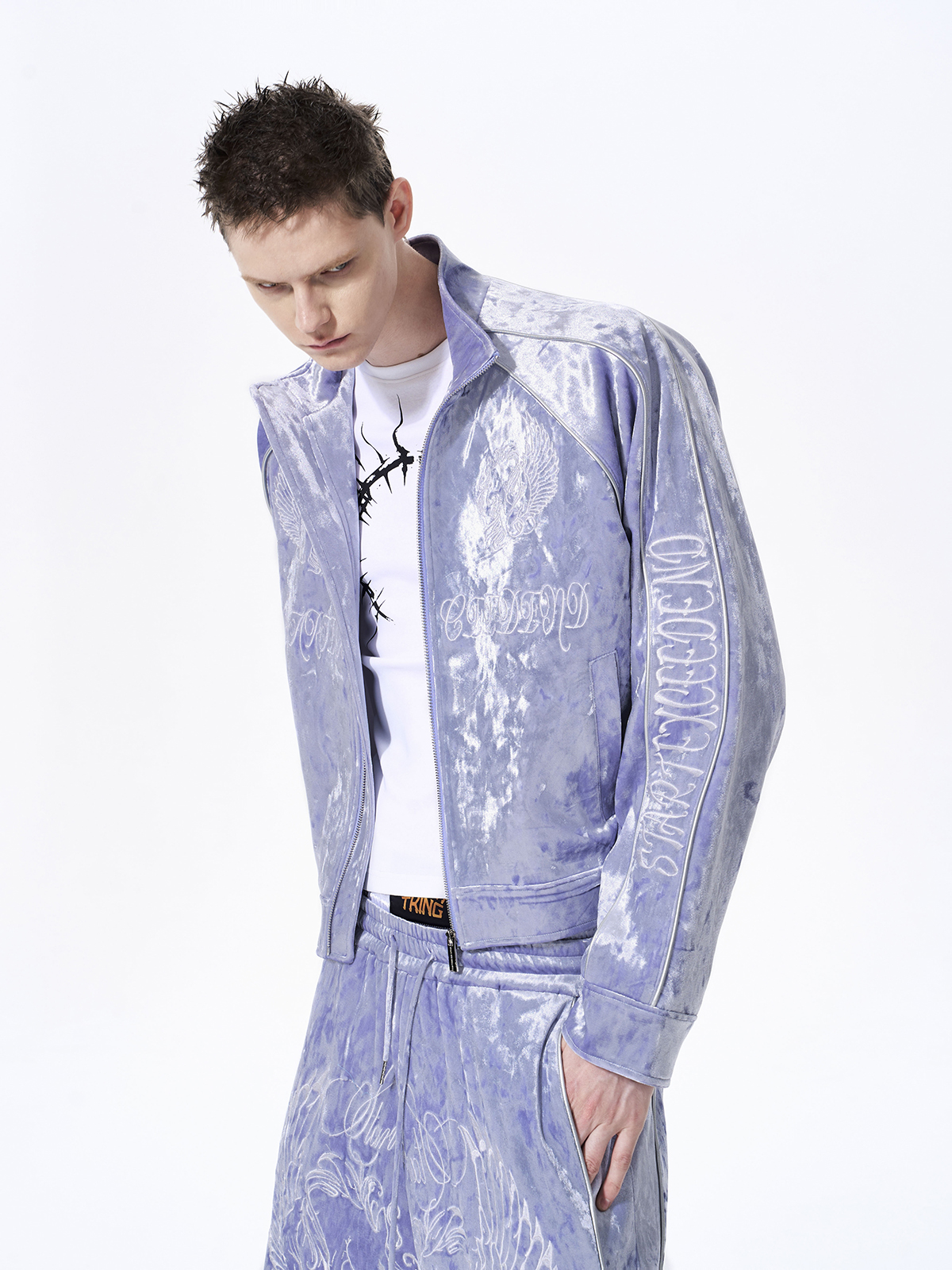 CRUSHED VELVET EMBROIDERED TRACKSUIT SET-LAVENDER