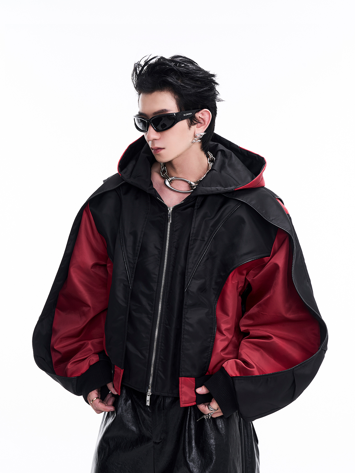 CONTRAST RED BATWING SLEEVE HOODED BOMBER-START EXCEED END
