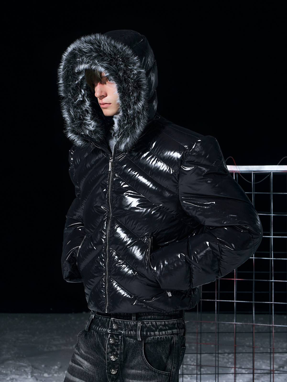 GLOSSY BLACK CHEVRON PUFFER WITH FAUX FUR HOOD