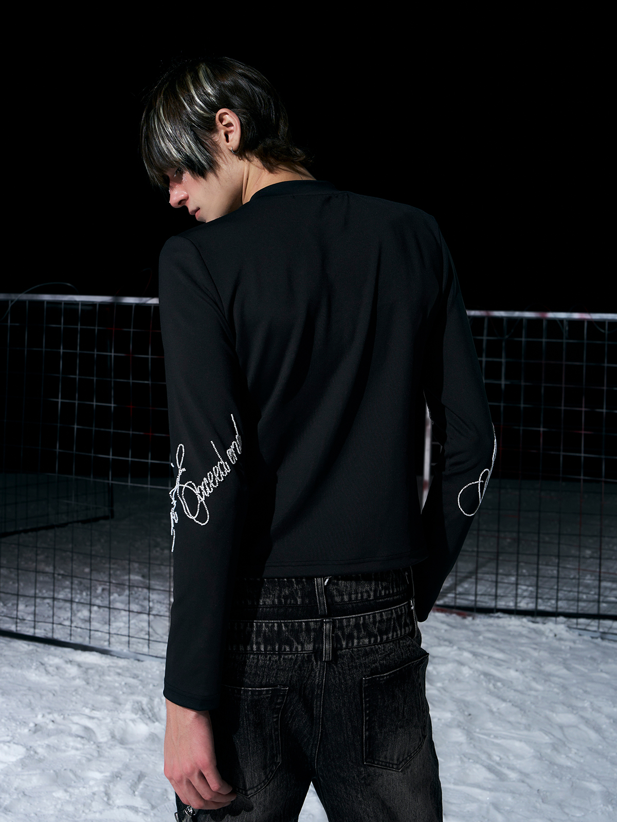 BLACK RHINESTONE SCRIPT MOCK NECK LONG SLEEVE