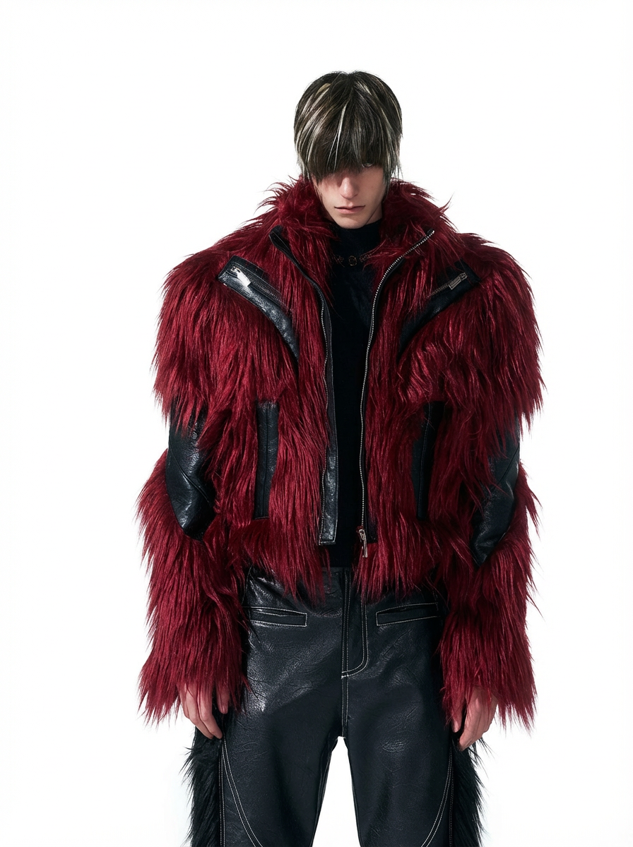SHAGGY FAUX FUR LEATHER-PANEL CROPPED JACKET - BURGUNDY