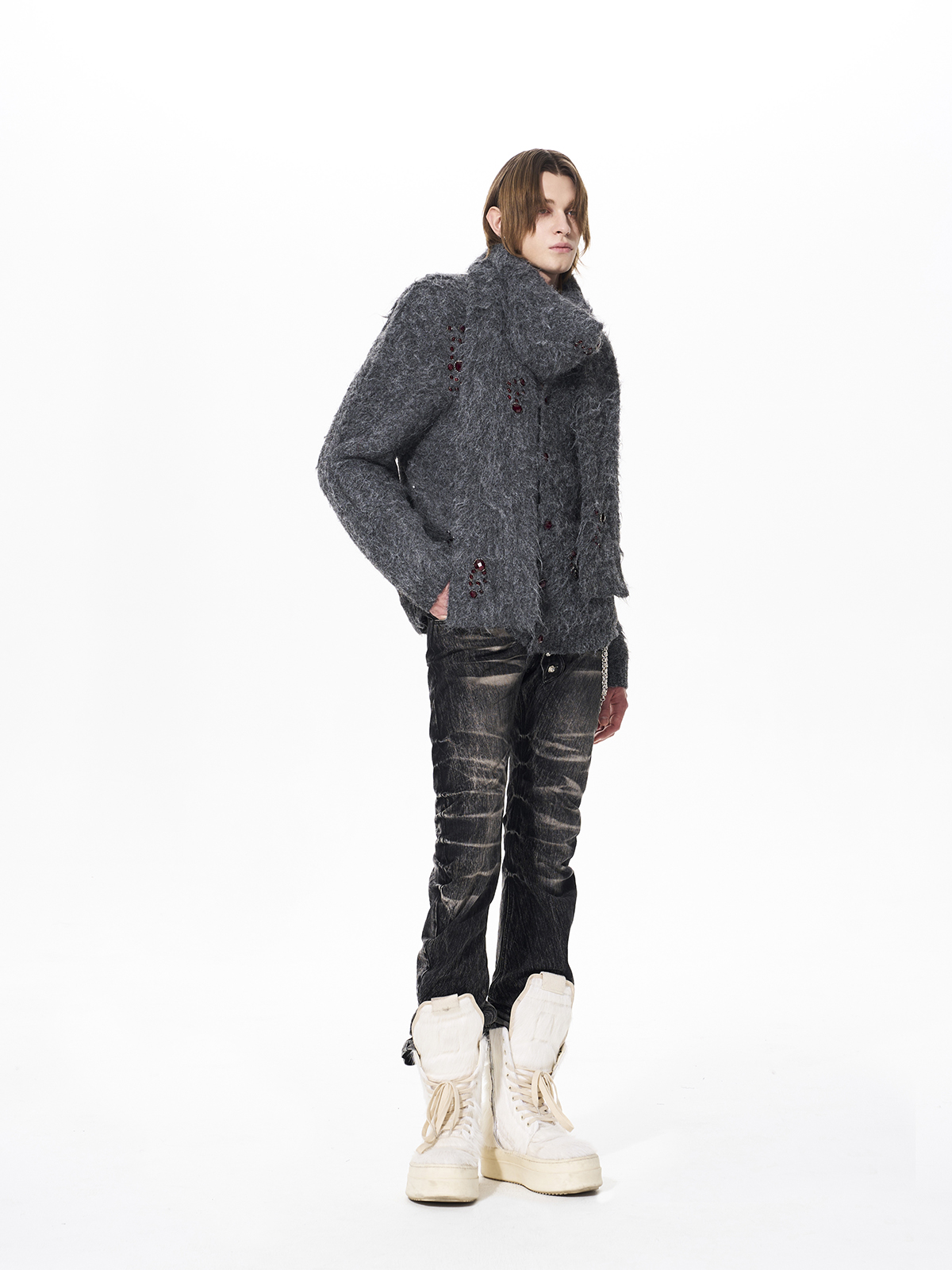 GEMSTONE SCATTERED SHAGGY MOHAIR CARDIGAN-GREY