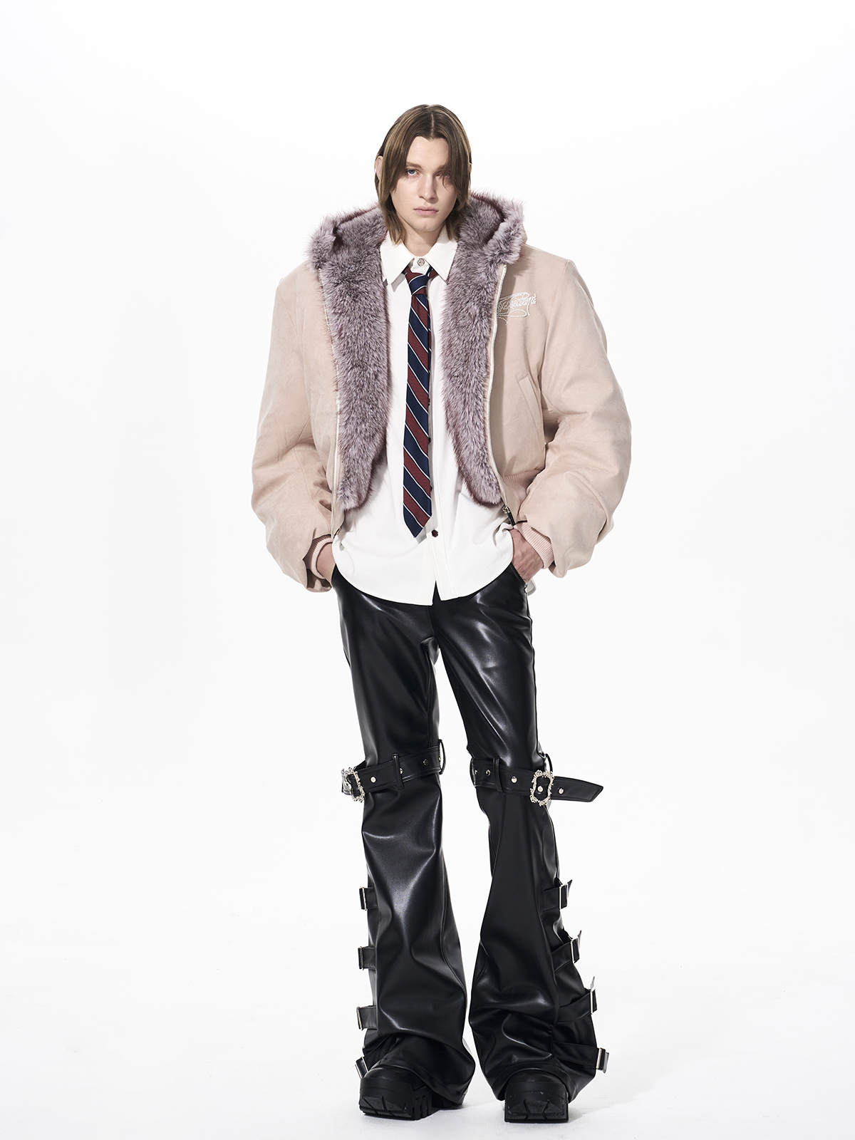 MULTI-BUCKLE STRAP RIVET FLARED PU LEATHER PANTS