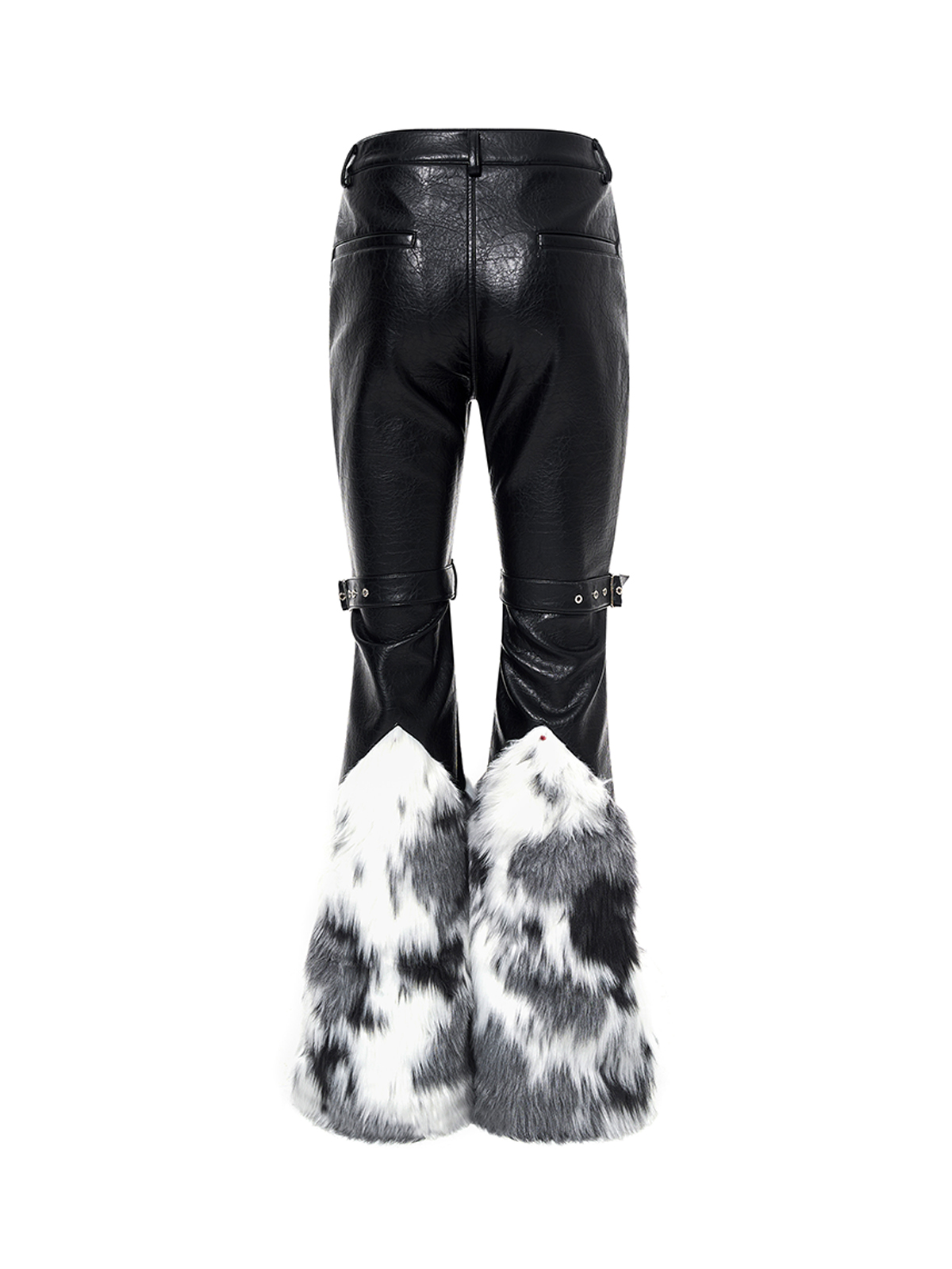 FAUX FUR SPLICED BUCKLE STRAP FLARED LEATHER PANTS