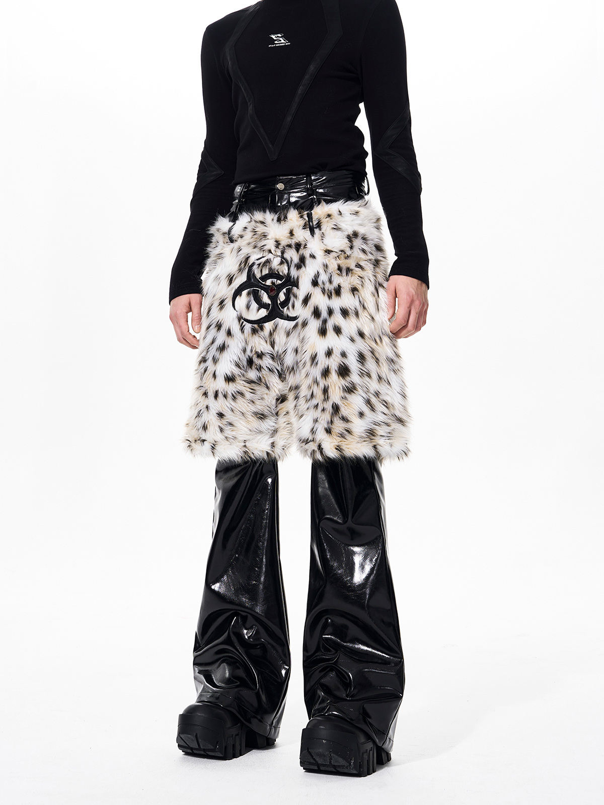 LEOPARD FUR LAYERED PATENT LEATHER FLARED PANTS