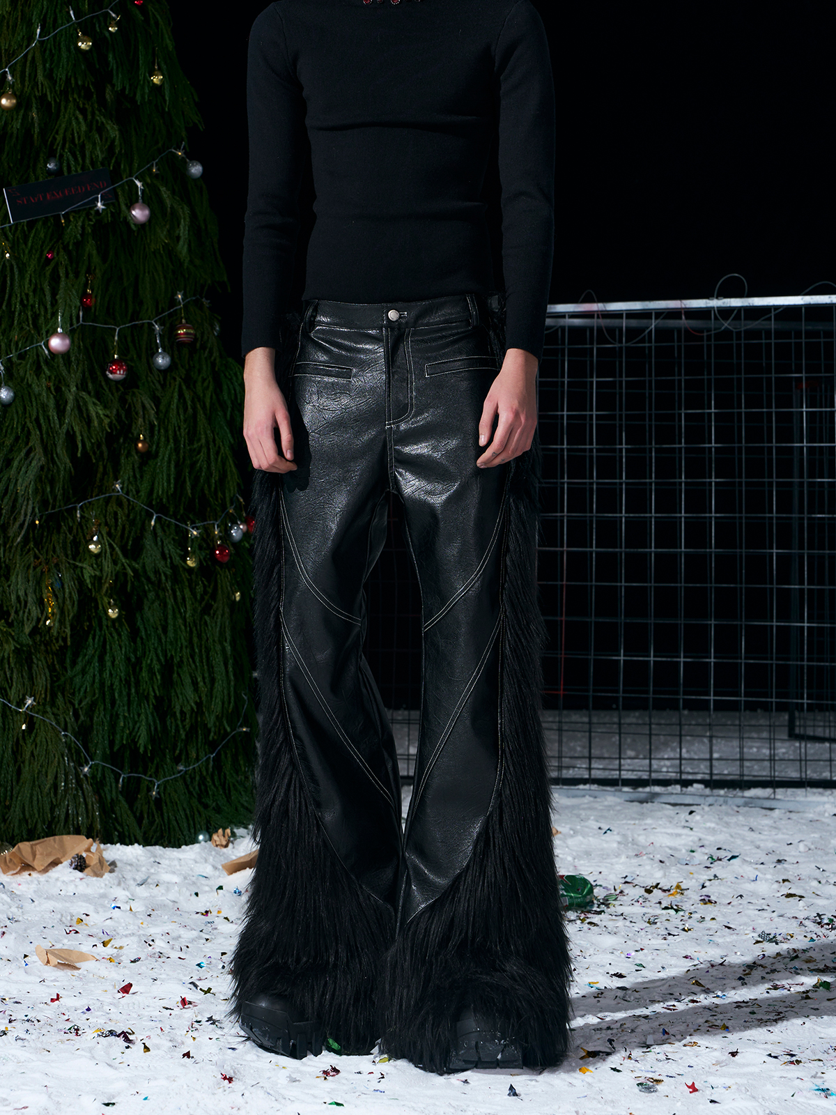 FAUX FUR SIDE-PANEL MICRO-FLARE LEATHER PANTS