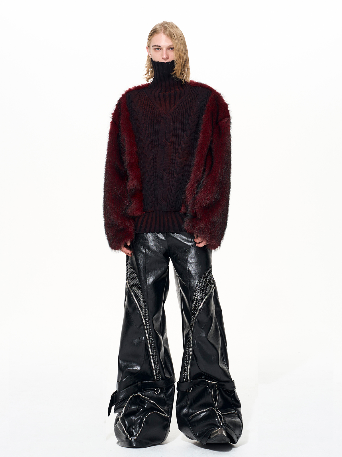 OMBRÉ CRIMSON KNIT & BURGUNDY FUR HYBRID PULLOVER-START EXCEED END