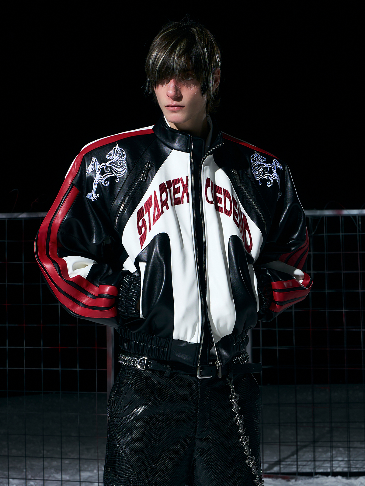 BLACK & RED EMBROIDERED FAUX LEATHER RACING JACKET
