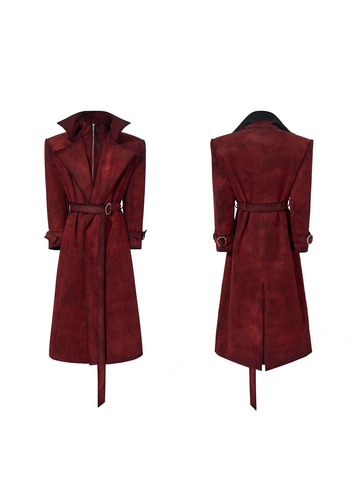 BLOOD RED DISTRESSED SUEDE BELTED TRENCH COAT-START EXCEED END