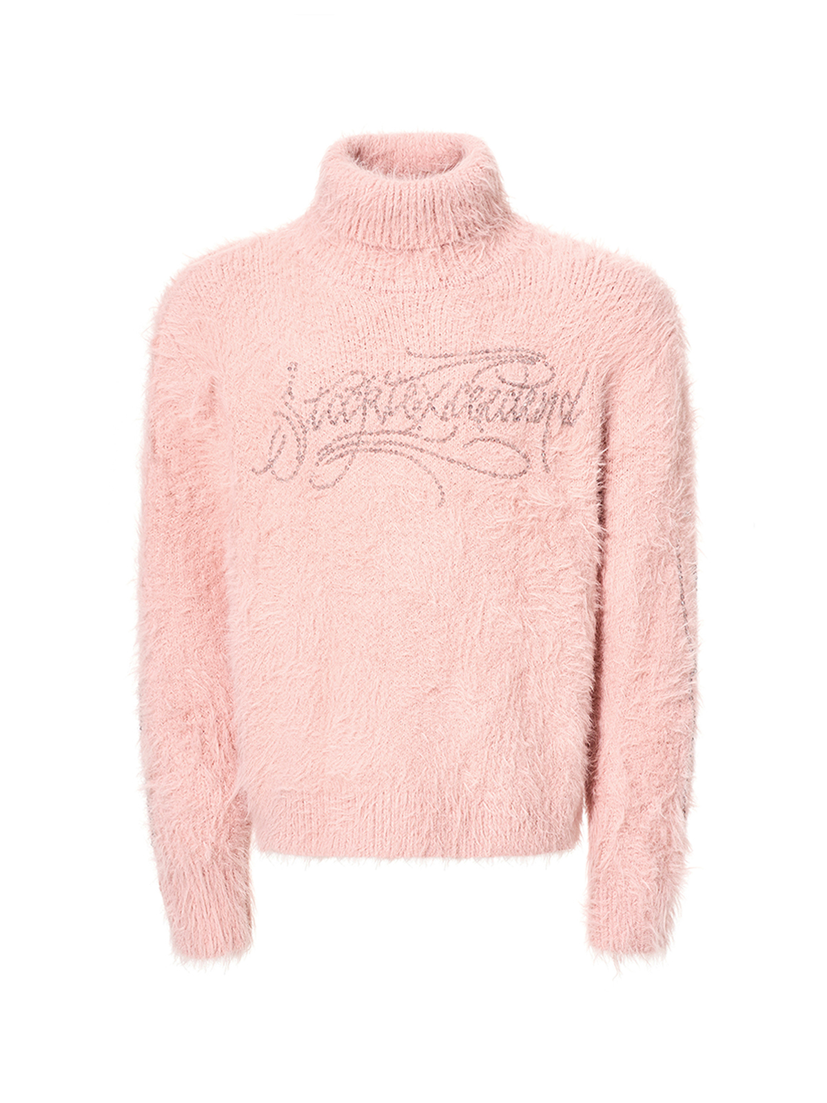 RHINESTONE LOGO FUZZY HIGH NECK KNIT-PINK