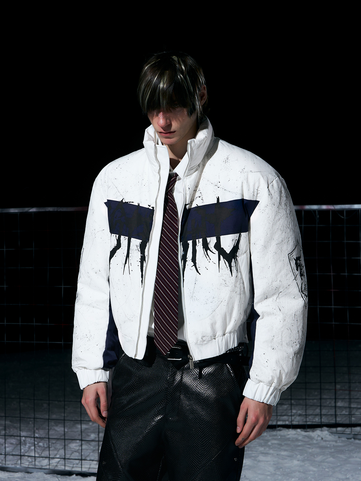 WHITE & NAVY GRAFFITI SPLATTER BOMBER WITH KNIGHT PRINT