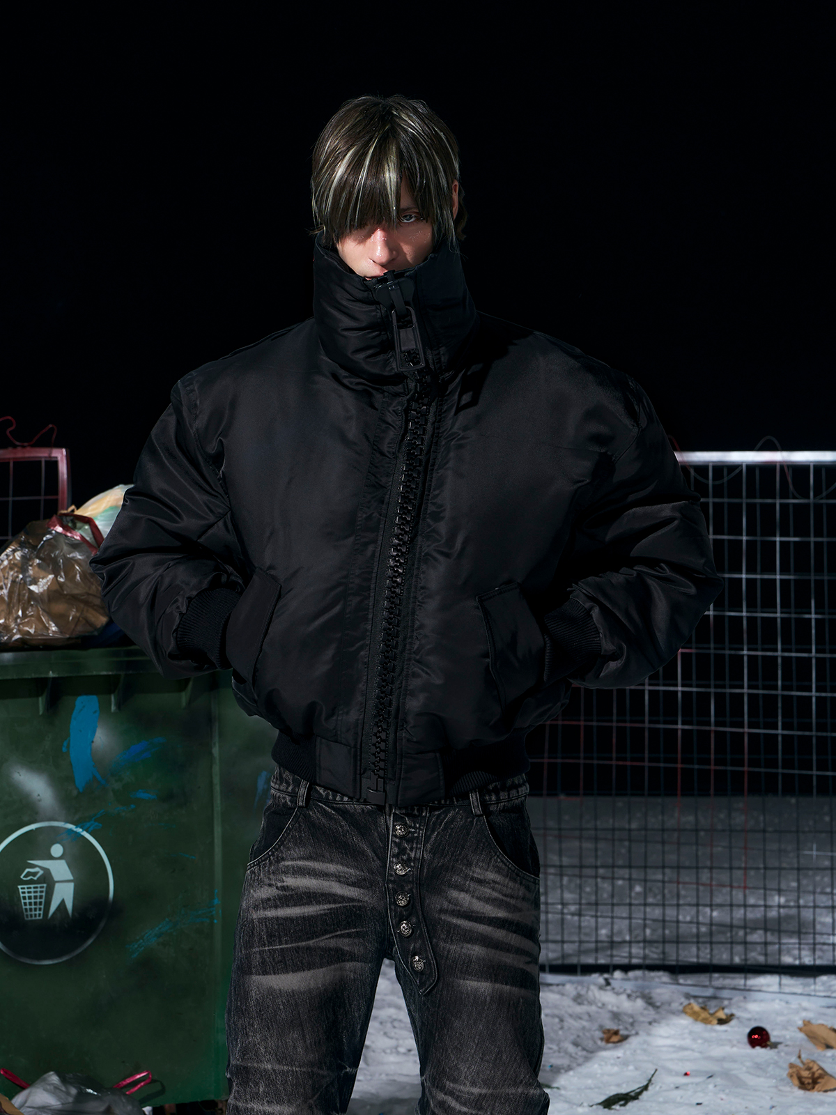 Heavy-Zip High-Collar Down Jacket-Black