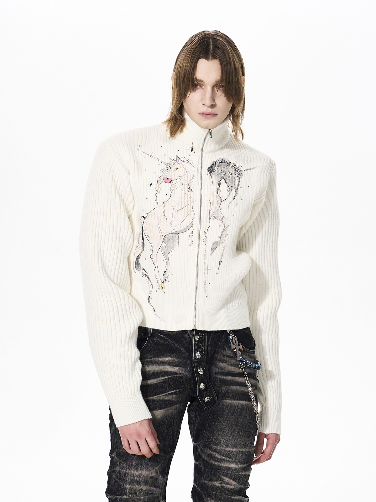 UNICORN GRAPHIC RIBBED ZIP-UP KNIT-WHITE