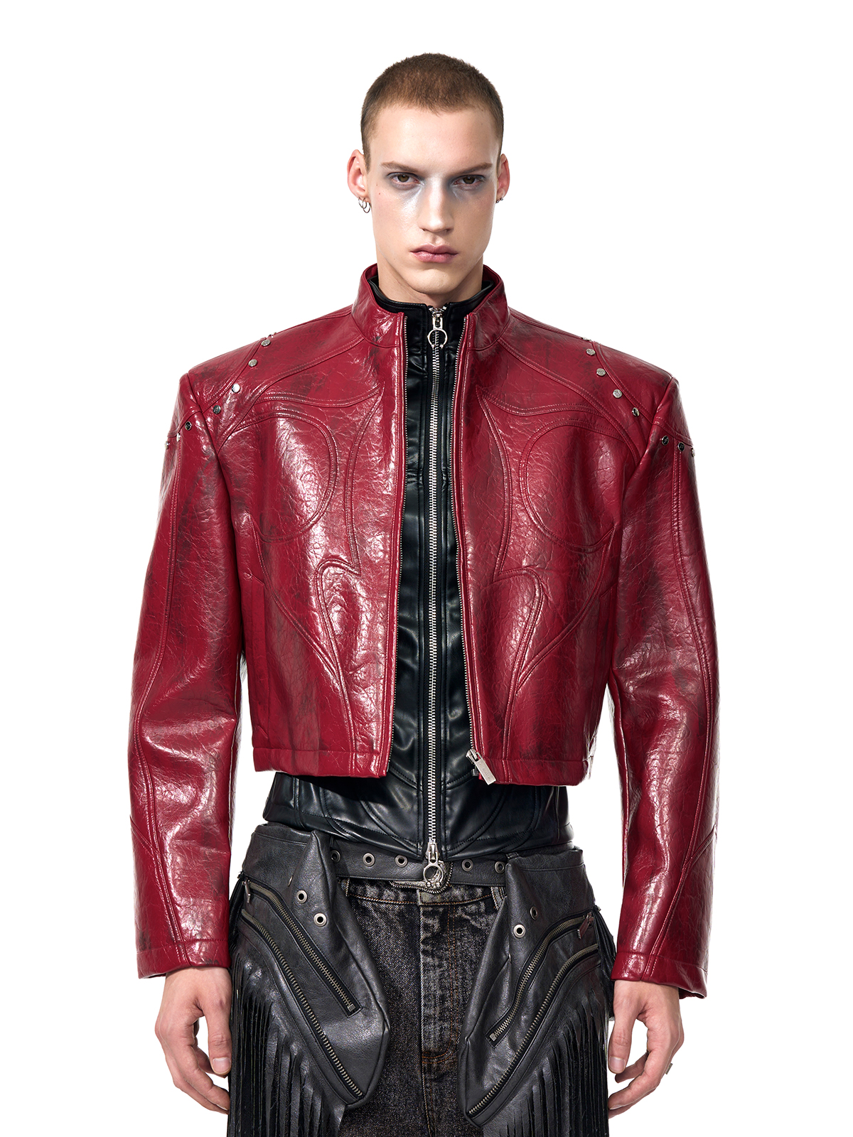 CROPPED STUDDED MOTO JACKET-CRINKLED RED