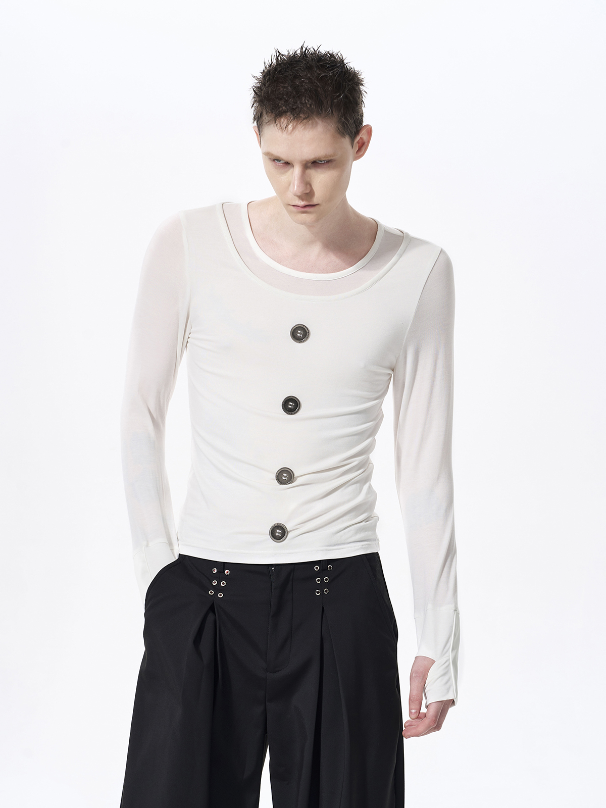 FAUX LAYERED TENCEL BUTTON LONGSLEEVE-WHITE