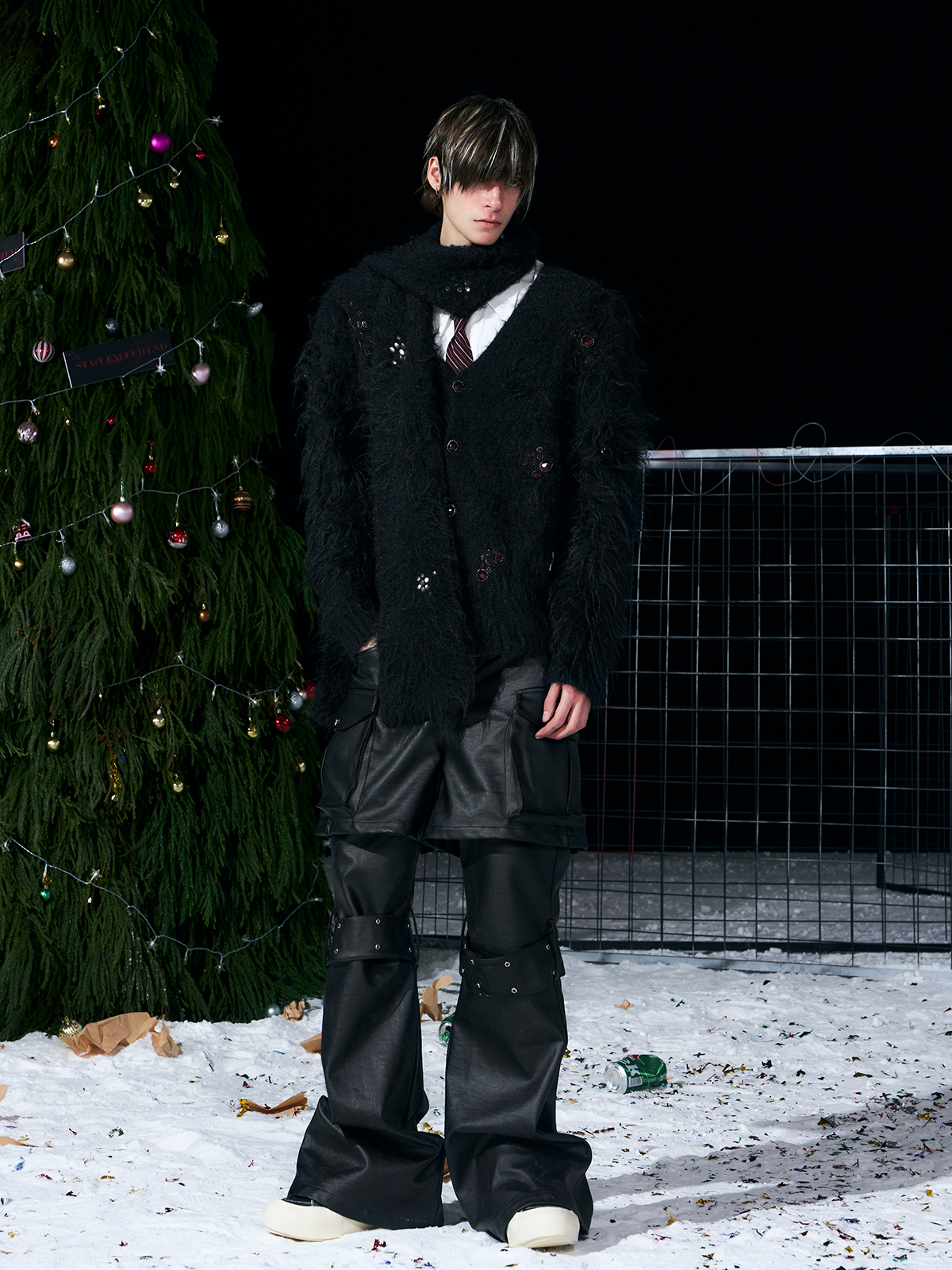 BLACK FUZZY MOHAIR CARDIGAN & SCARF SET