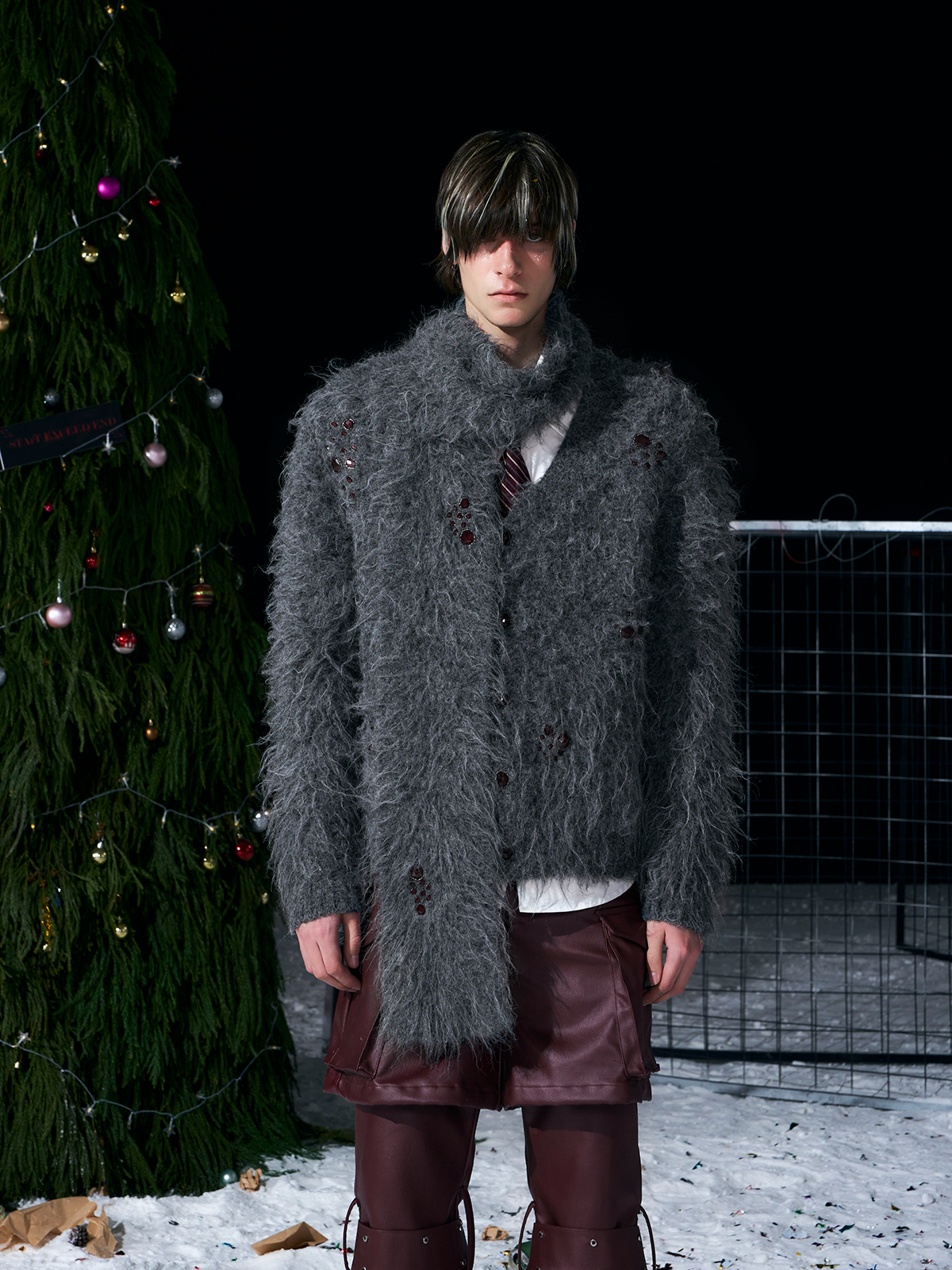 GREY FUZZY MOHAIR CARDIGAN & SCARF SET