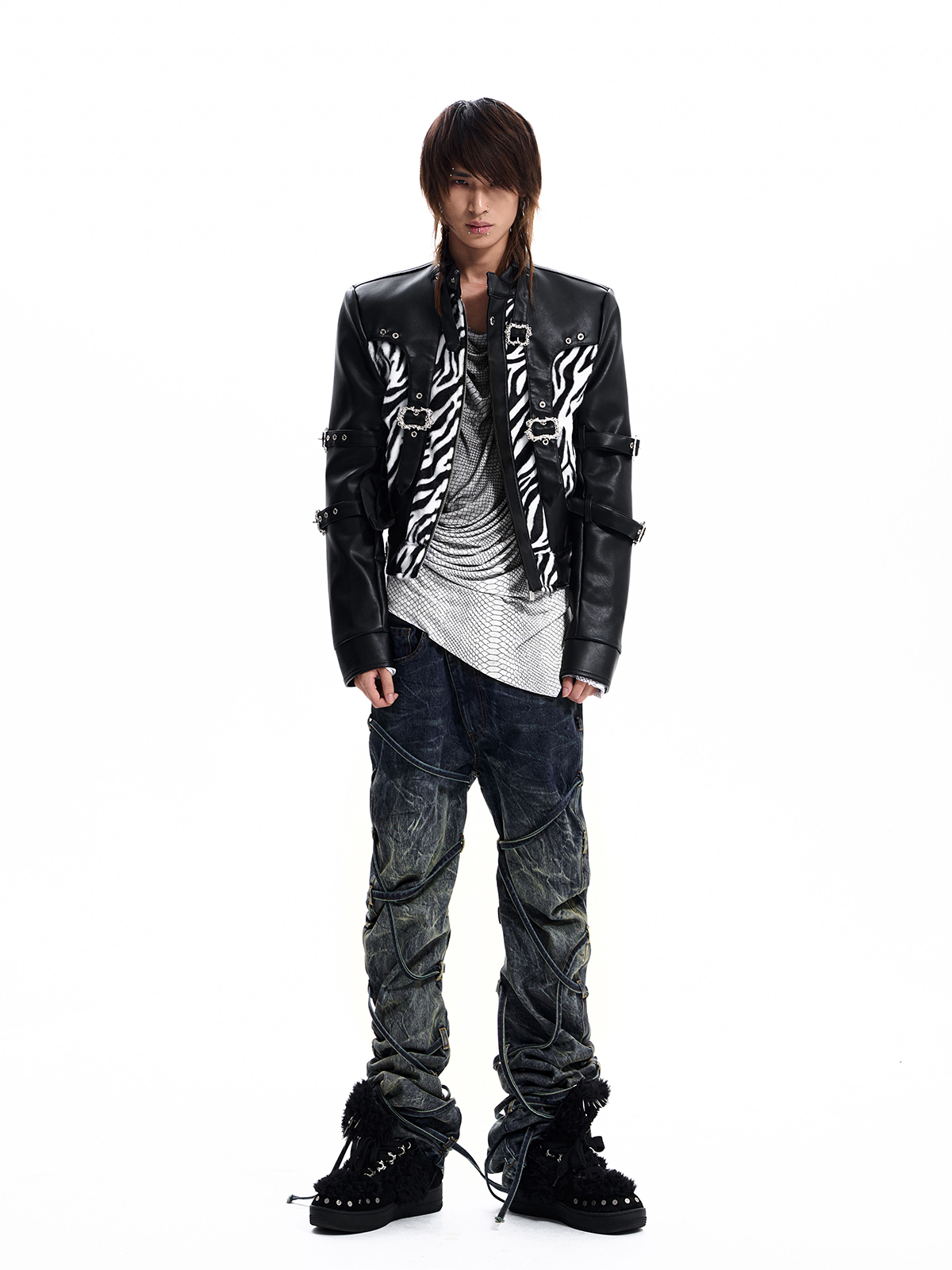 ZEBRA PANEL STRAPPED LEATHER JACKET-BLACK