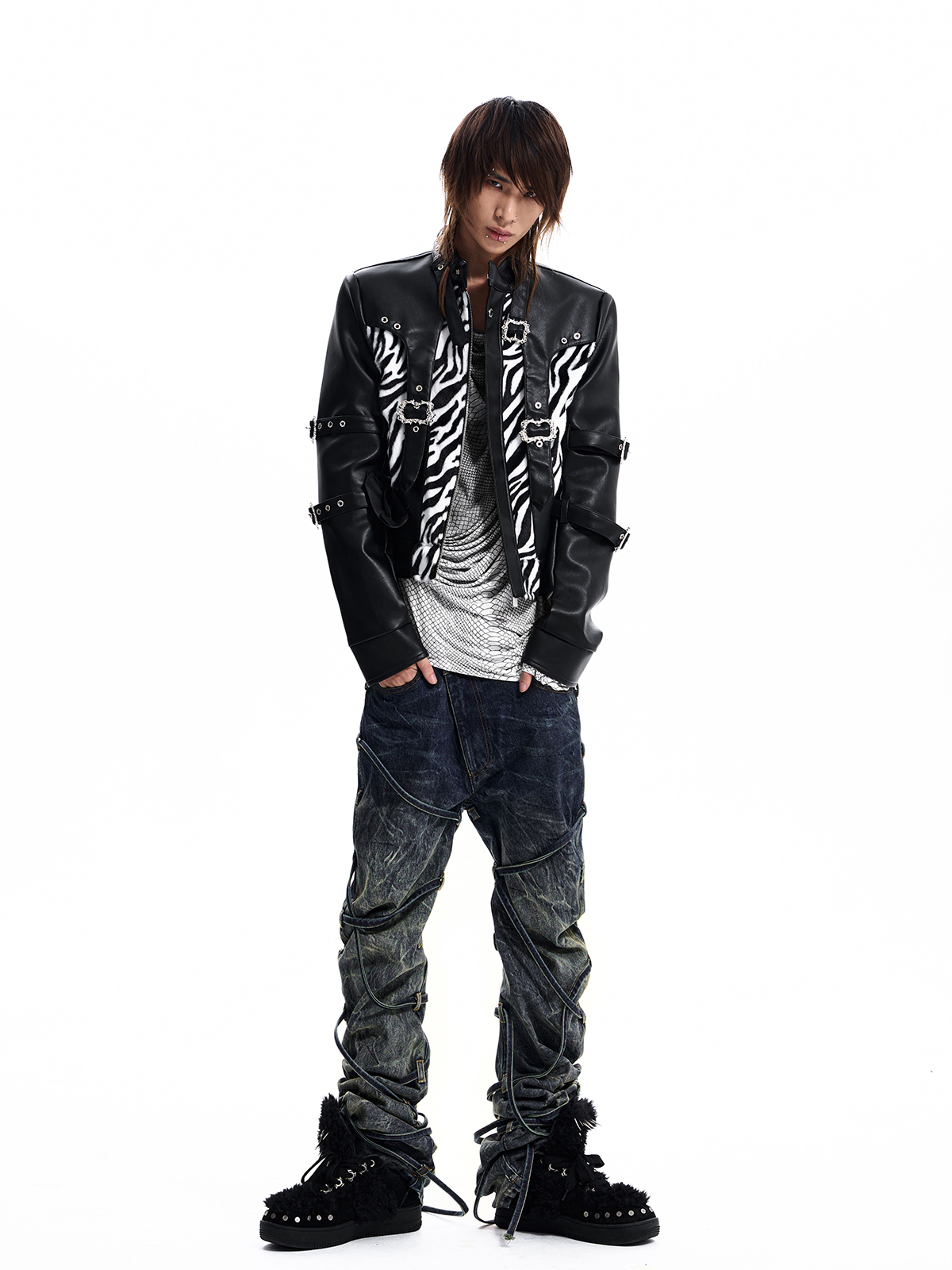 ZEBRA PANEL STRAPPED LEATHER JACKET-BLACK