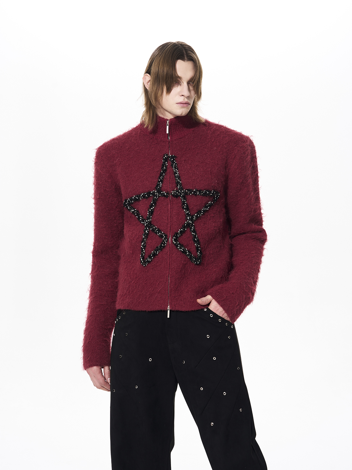 MOHAIR STAR ZIP-UP STAND COLLAR KNIT-RED