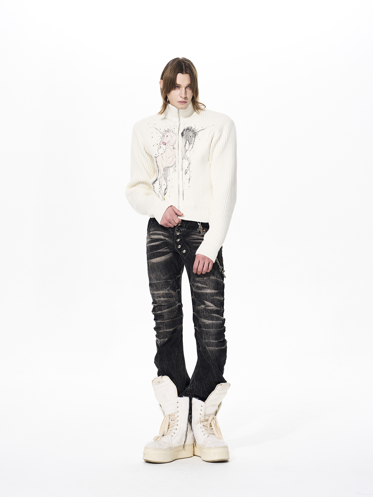 UNICORN GRAPHIC RIBBED ZIP-UP KNIT-WHITE