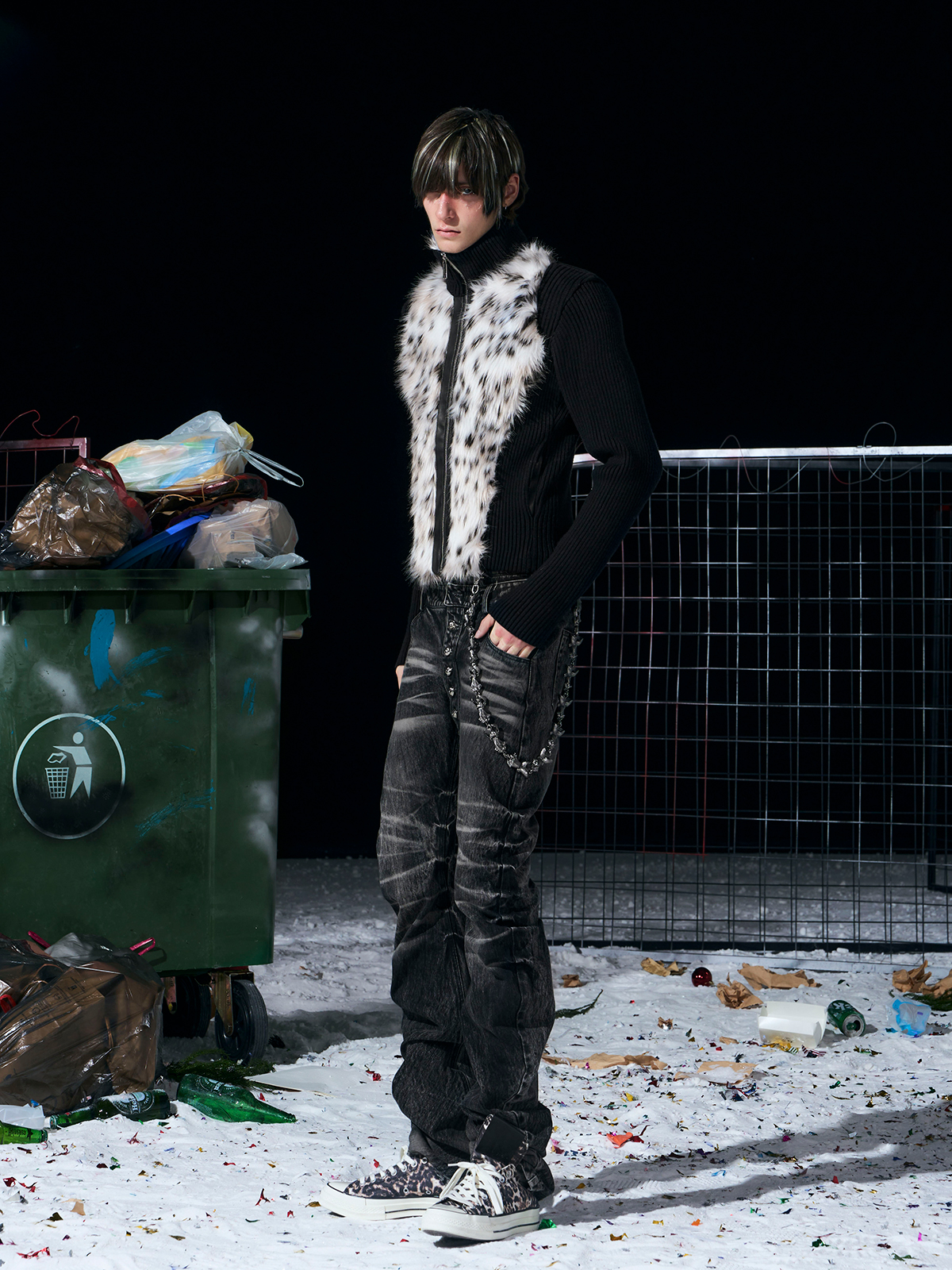 BLACK LEOPARD FUR KNIT ZIP-UP