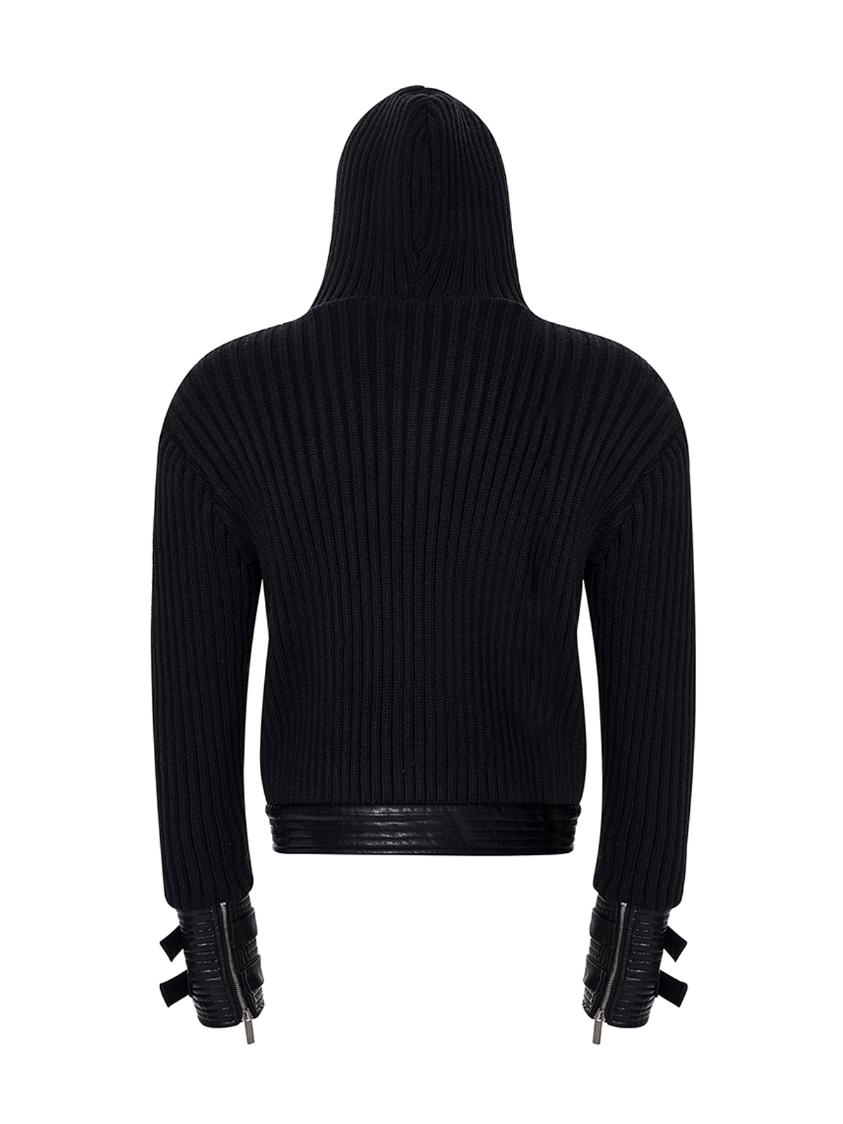 LEATHER PANEL BUCKLE CUFF RIBBED KNIT HOODIE