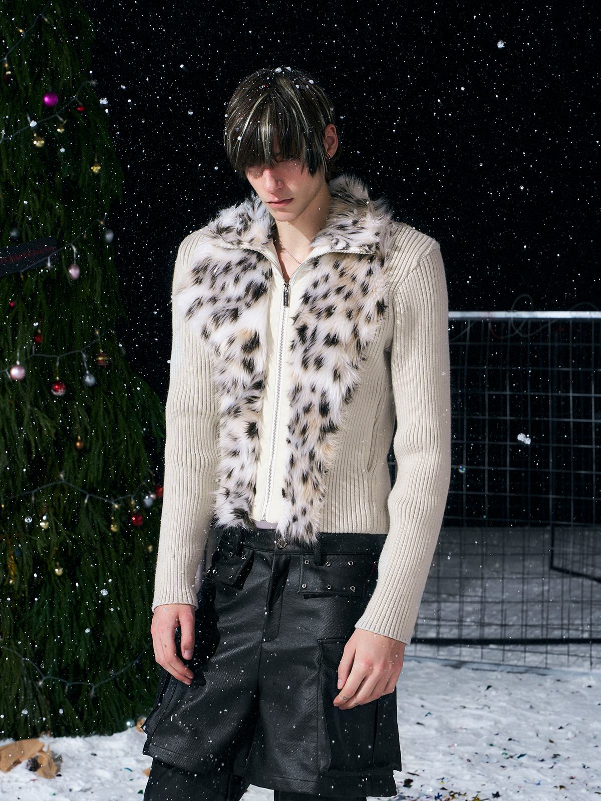 BEIGE LEOPARD FUR KNIT ZIP-UP