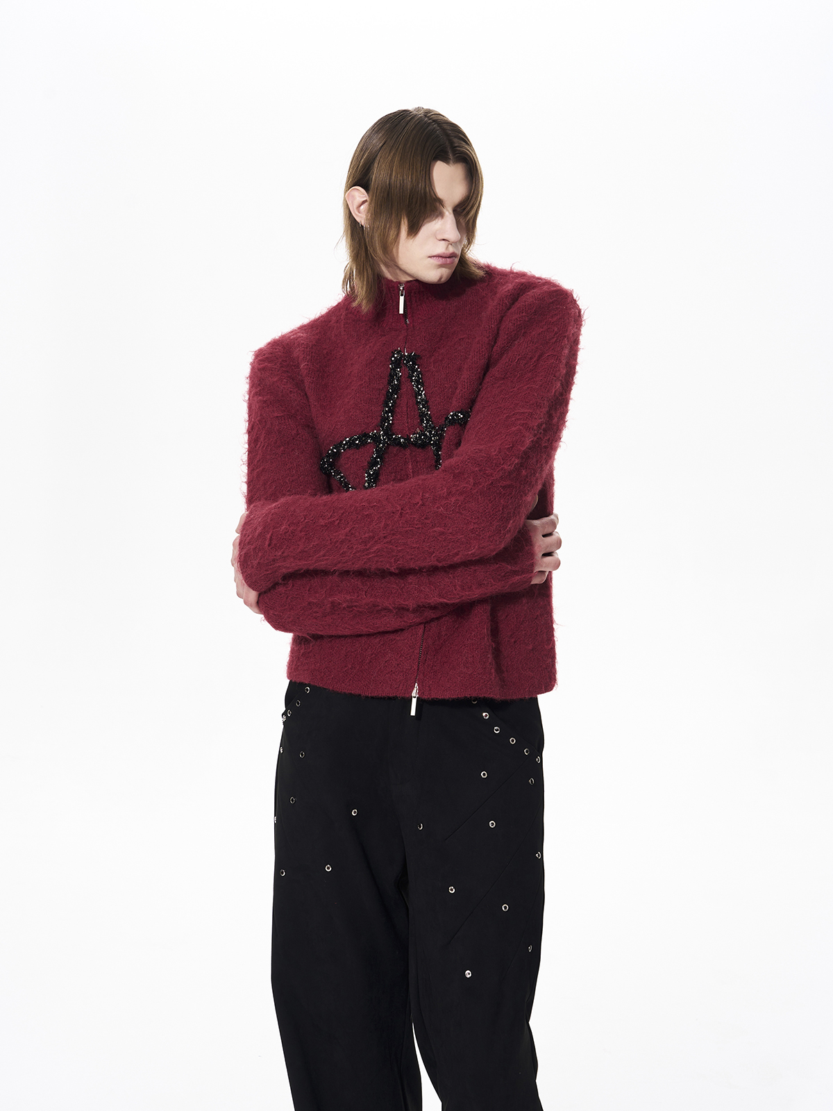 MOHAIR STAR ZIP-UP STAND COLLAR KNIT-RED