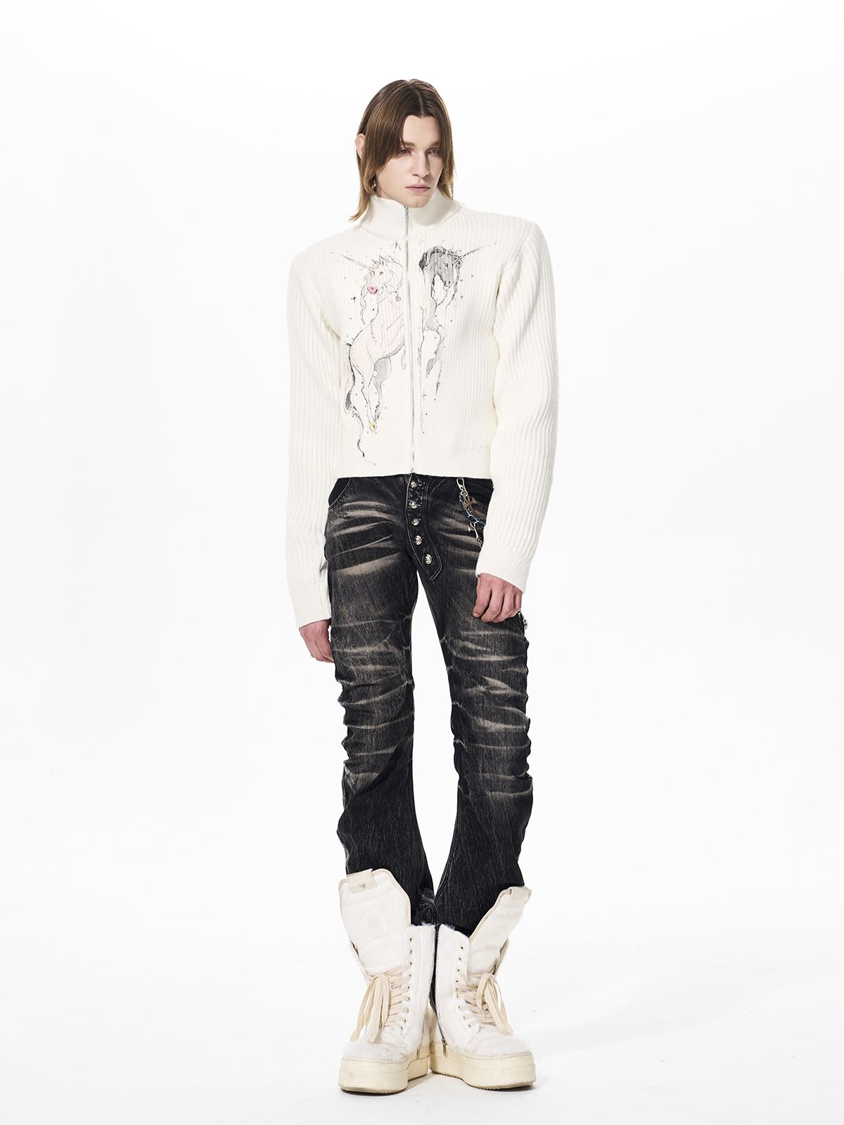 UNICORN GRAPHIC RIBBED ZIP-UP KNIT-WHITE
