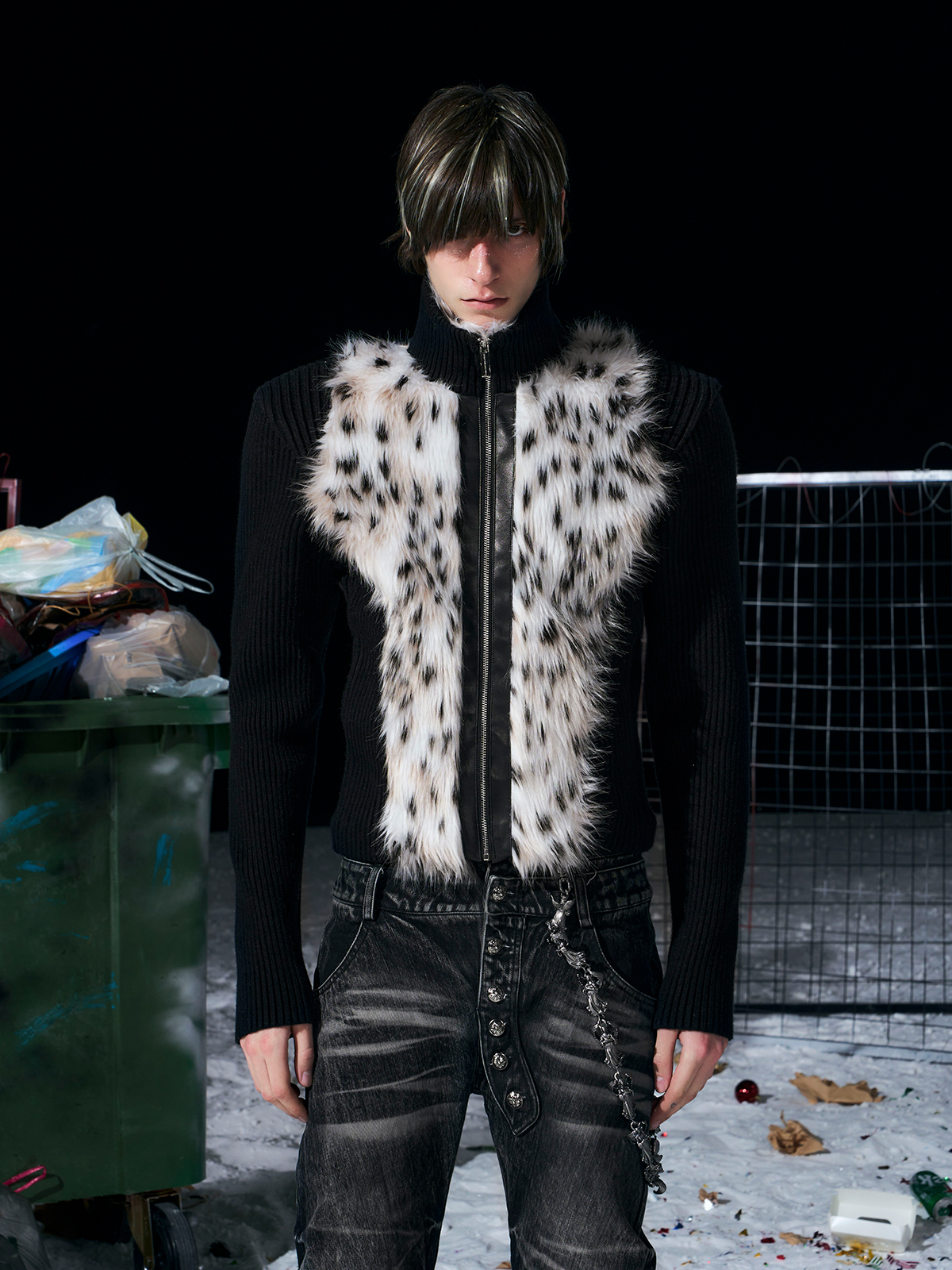 BLACK LEOPARD FUR KNIT ZIP-UP