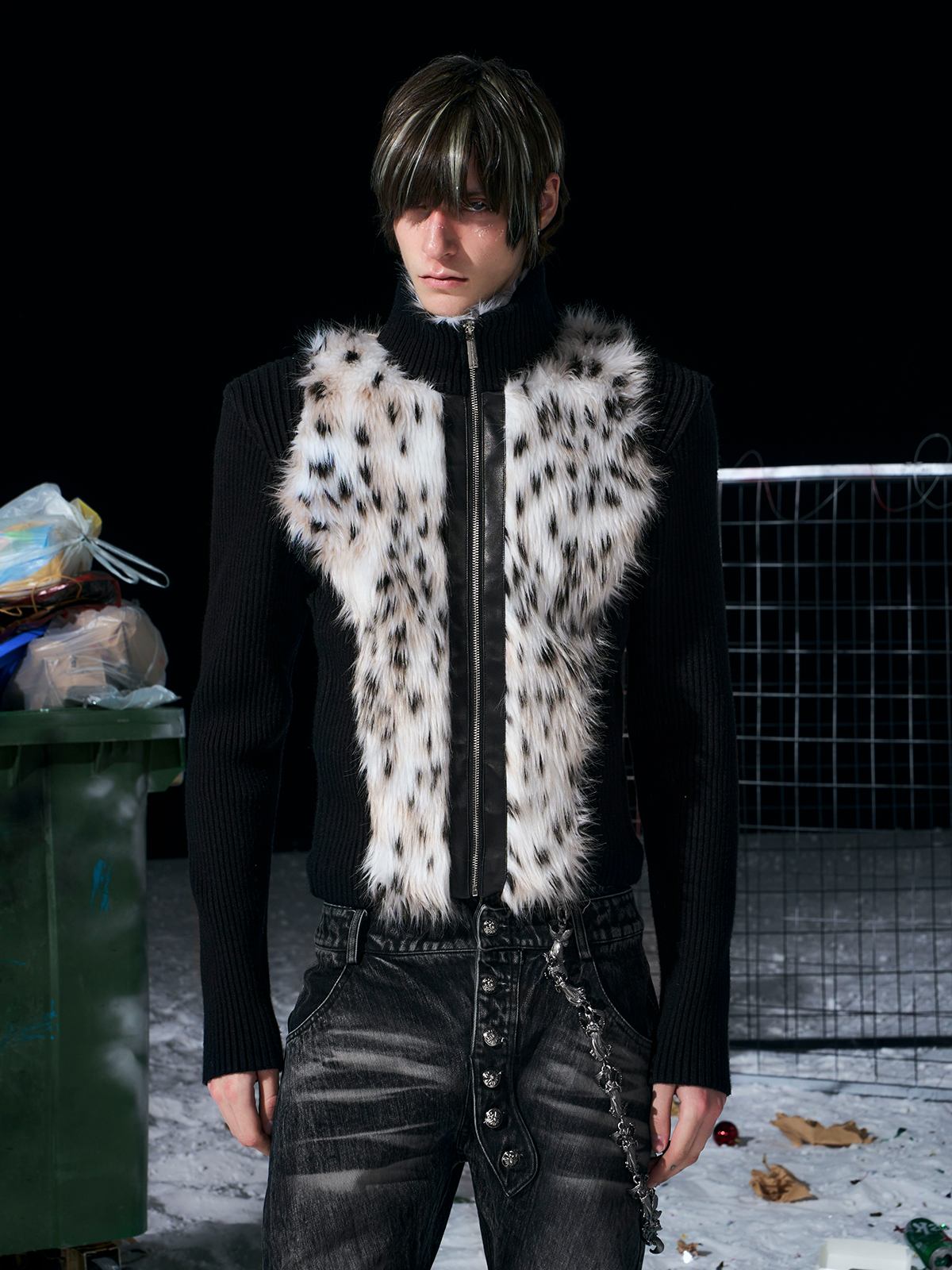 BLACK LEOPARD FUR KNIT ZIP-UP