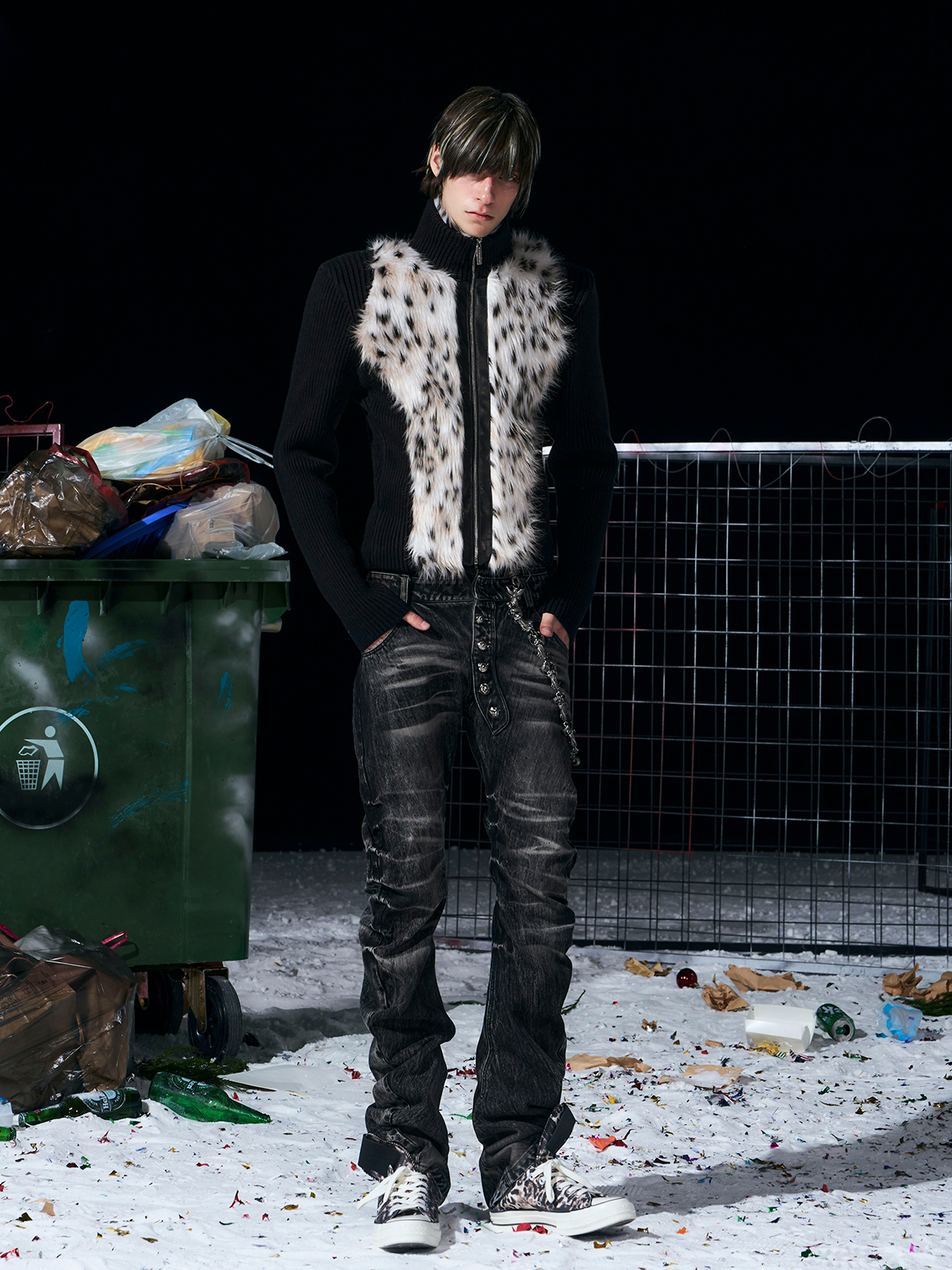 BLACK LEOPARD FUR KNIT ZIP-UP