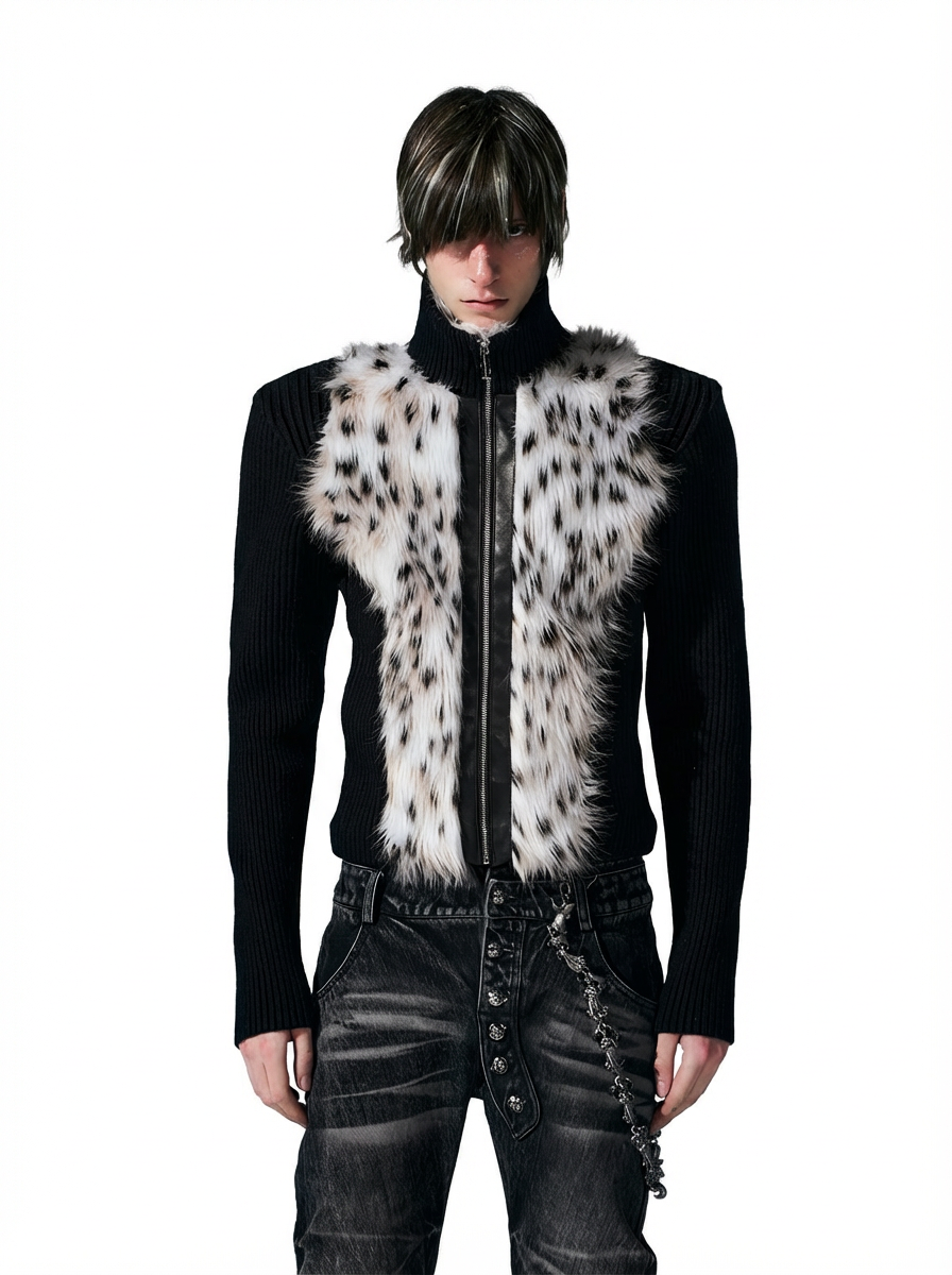 BLACK LEOPARD FUR KNIT ZIP-UP