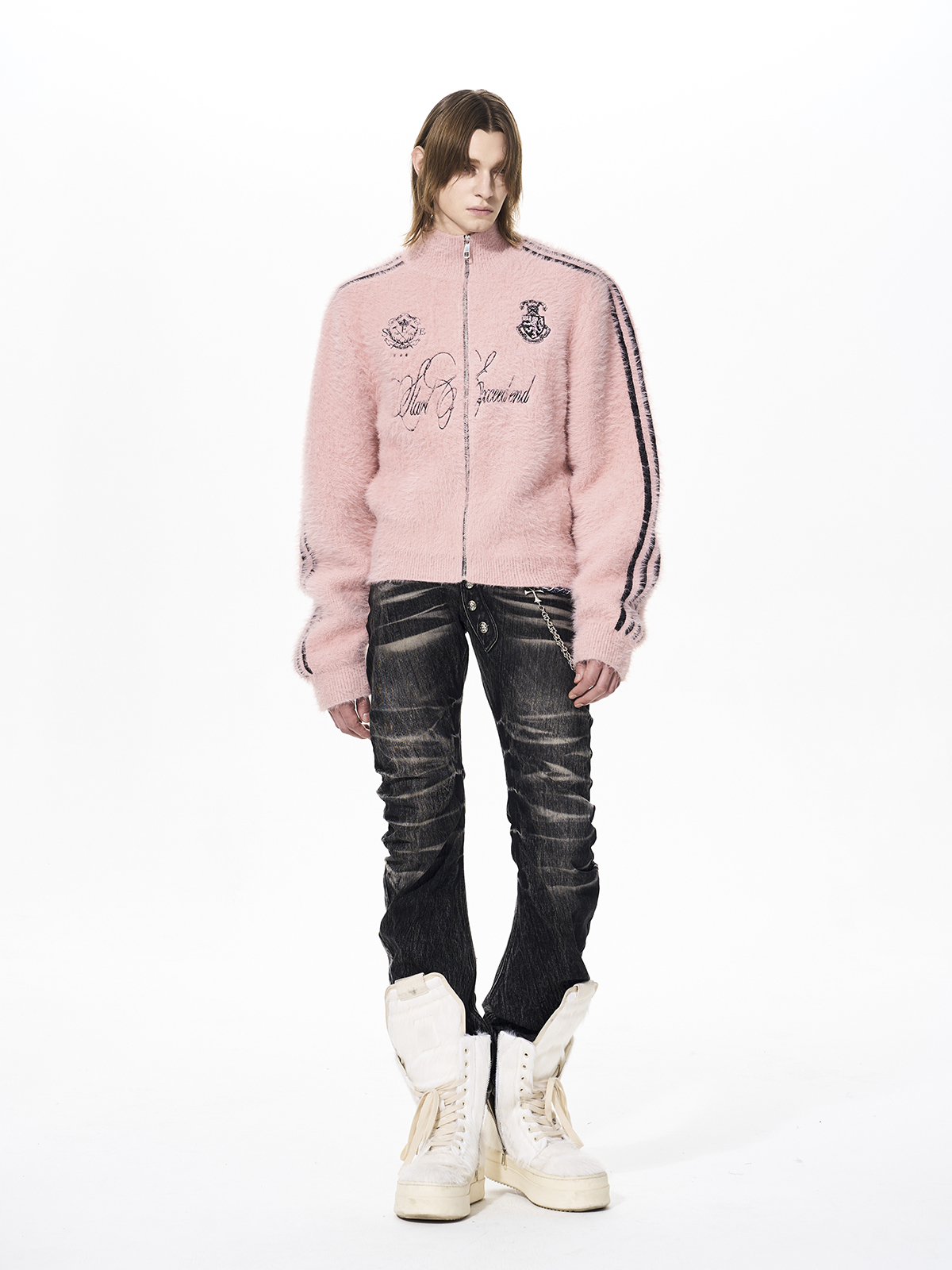 FUZZY CREST ZIP KNIT-PINK