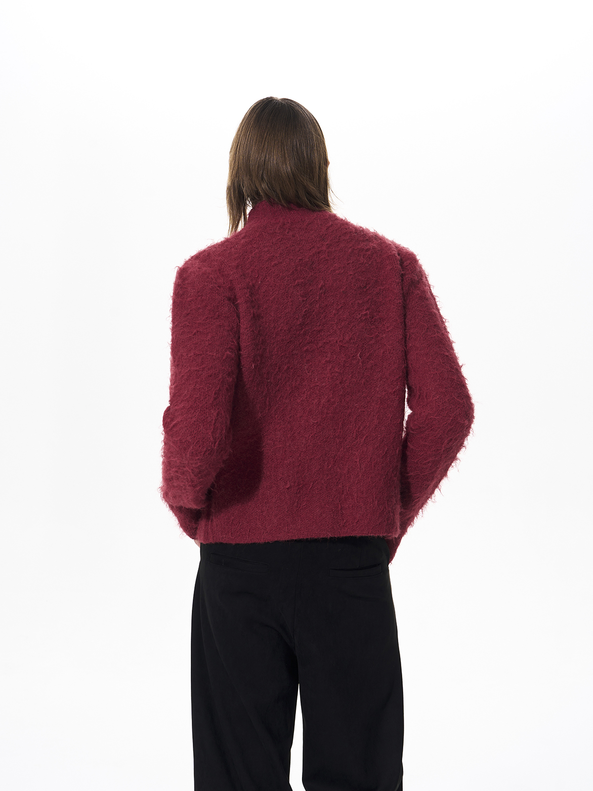 MOHAIR STAR ZIP-UP STAND COLLAR KNIT-RED