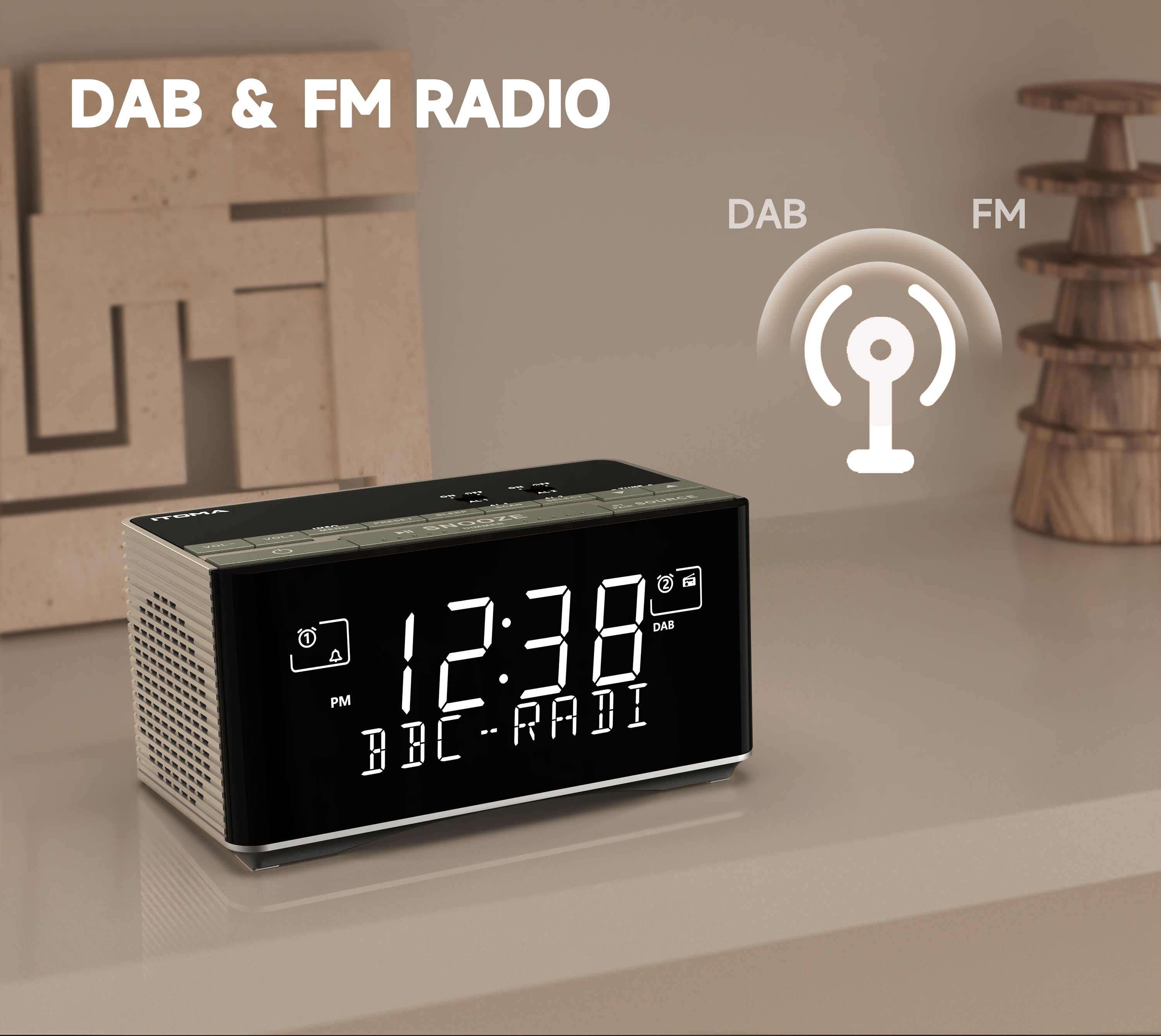 Alarm Clock with DAB&FM Radio USB Charging Port, Bluetooth Stereo Speaker, Headphone Jack, Dual Alarm, Snooze, Dimmable LCD Display iTOMA 3501D
