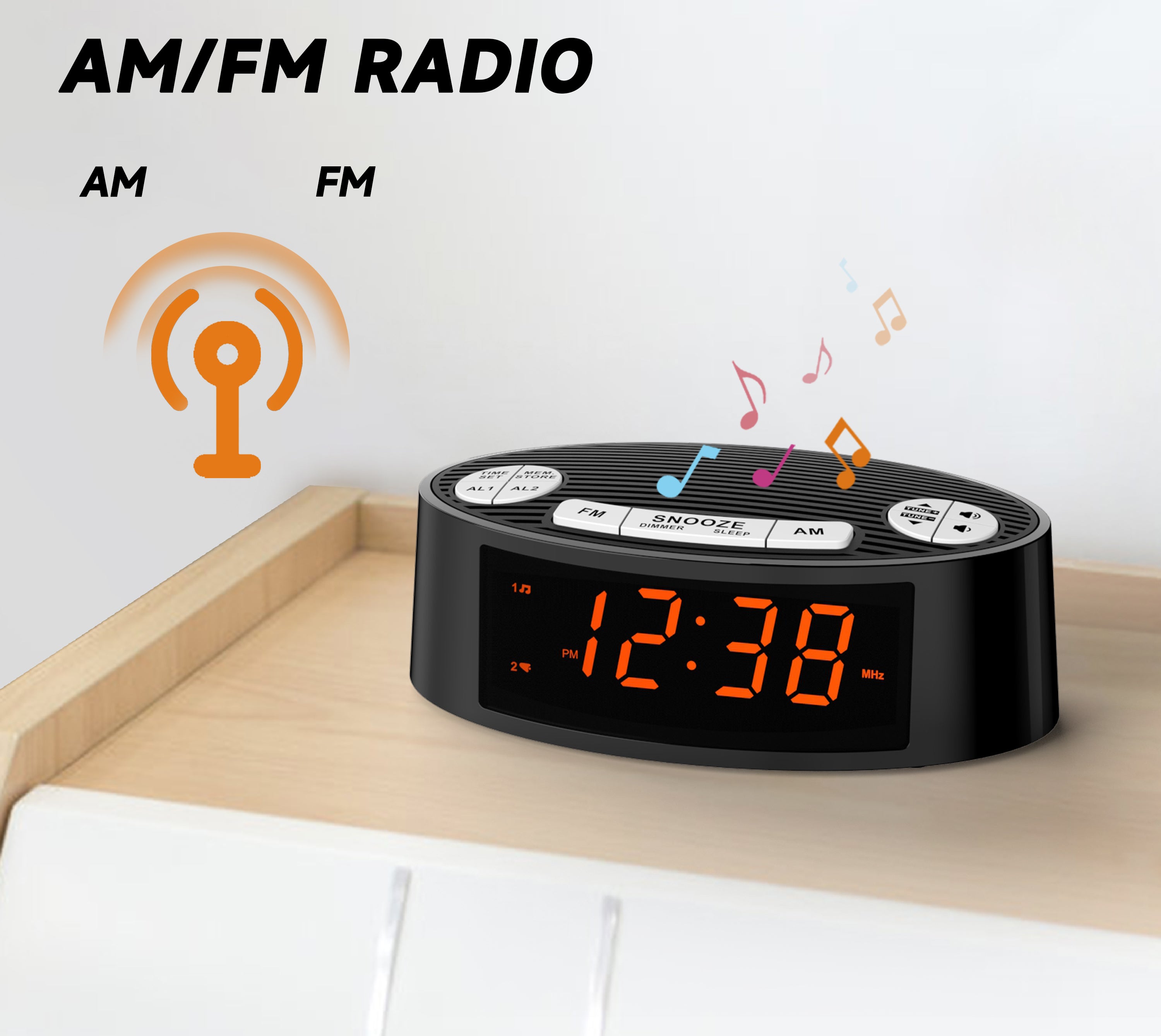 Digital iTOMA AM/FM Alarm Clock Radio with Dual Alarm, Sleep Timer & Snooze Functions, Orange LED Display, 4-Level Dimming Option 3301