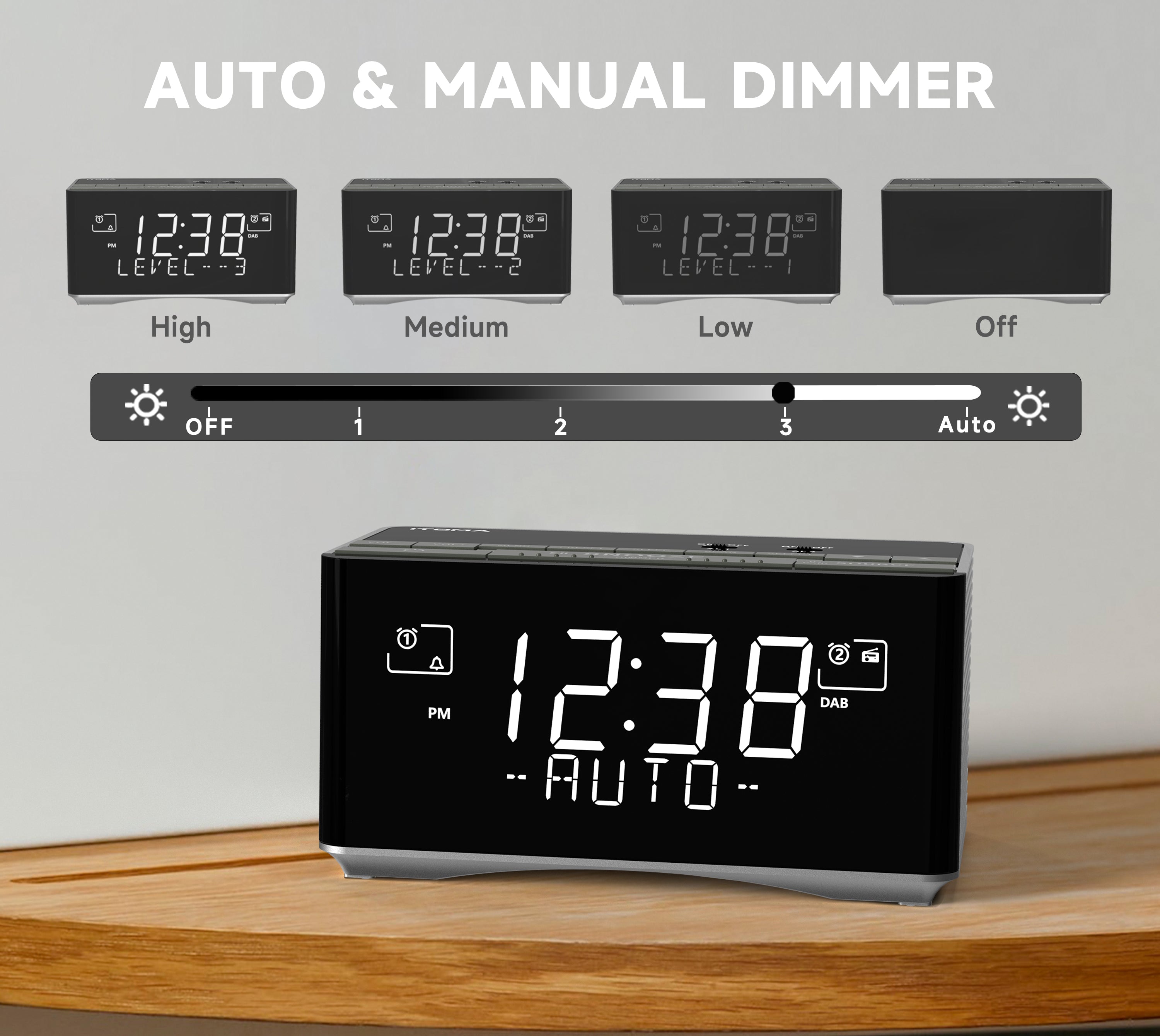 Alarm Clock with DAB&FM Radio USB Charging Port, Bluetooth Stereo Speaker, Headphone Jack, Dual Alarm, Snooze, Dimmable LCD Display iTOMA 3501D