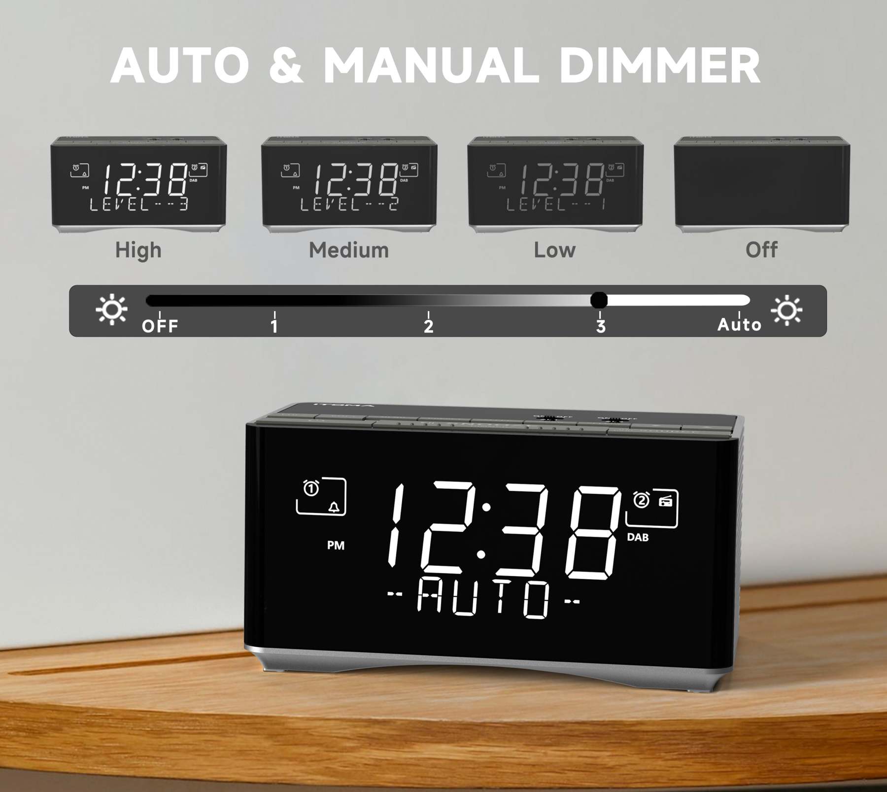 Alarm Clock with DAB&FM Radio USB Charging Port, Bluetooth Stereo Speaker, Headphone Jack, Dual Alarm, Snooze, Dimmable LCD Display iTOMA 3501D