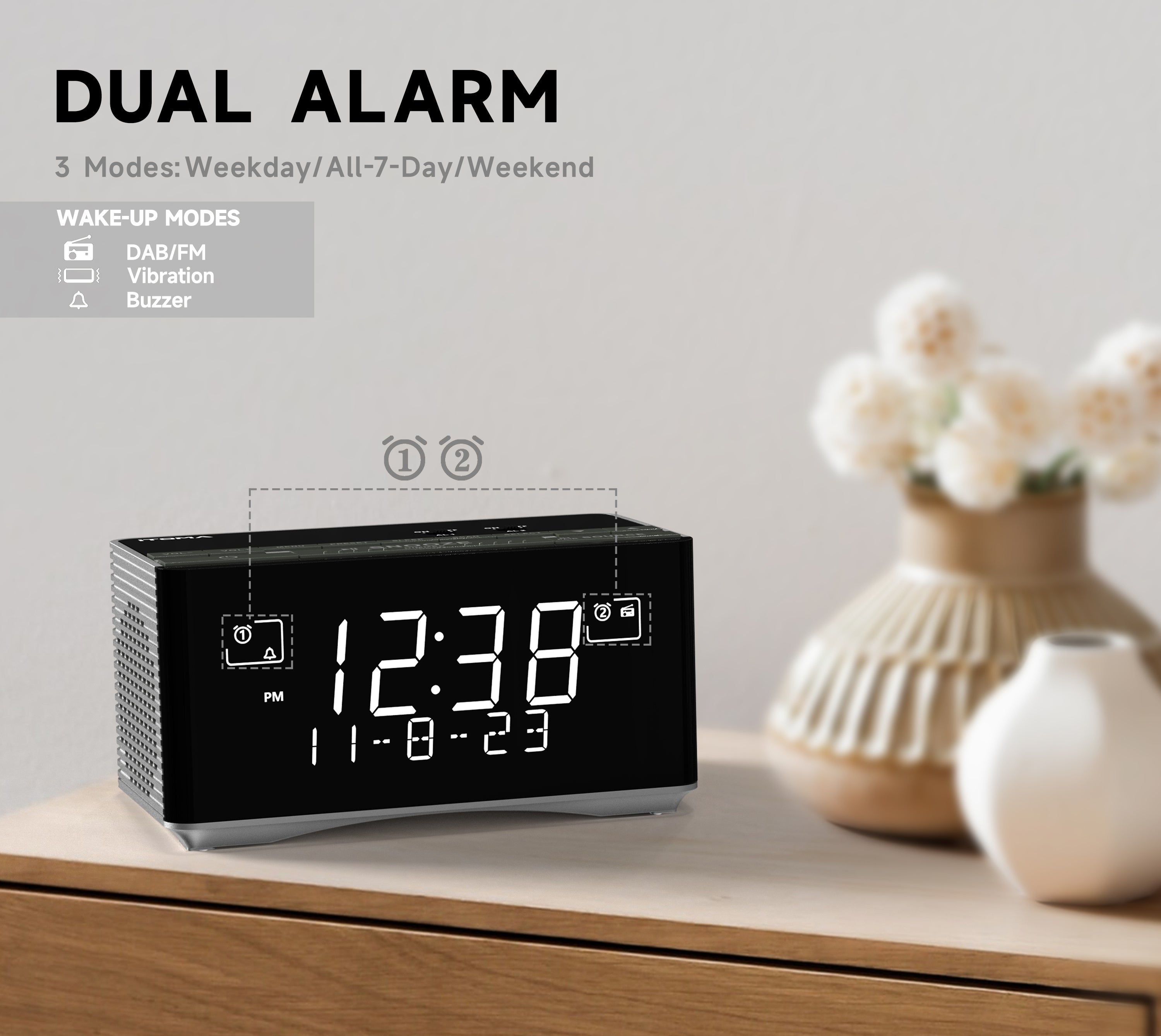 Alarm Clock with DAB&FM Radio USB Charging Port, Bluetooth Stereo Speaker, Headphone Jack, Dual Alarm, Snooze, Dimmable LCD Display iTOMA 3501D