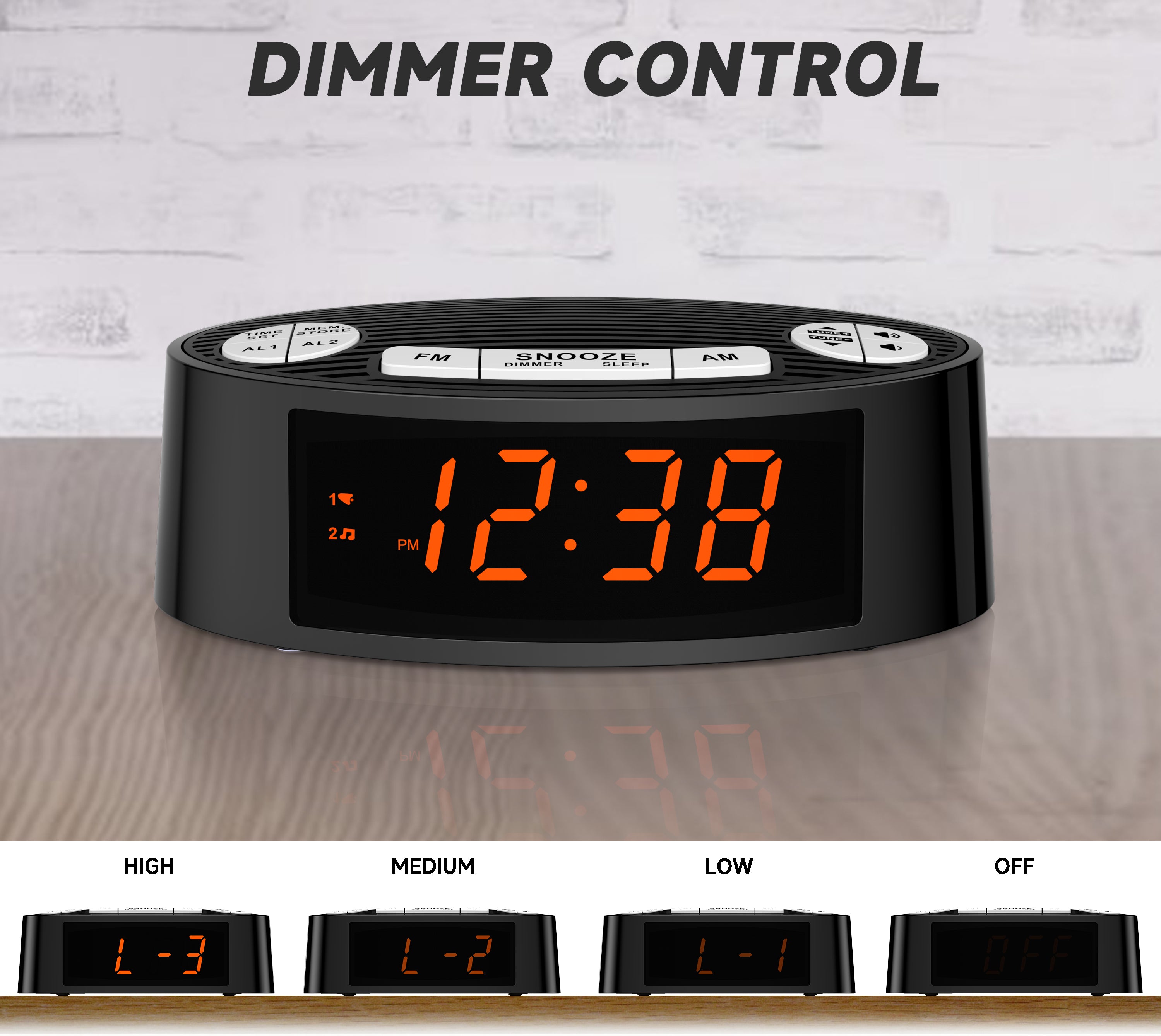 Digital iTOMA AM/FM Alarm Clock Radio with Dual Alarm, Sleep Timer & Snooze Functions, Orange LED Display, 4-Level Dimming Option 3301
